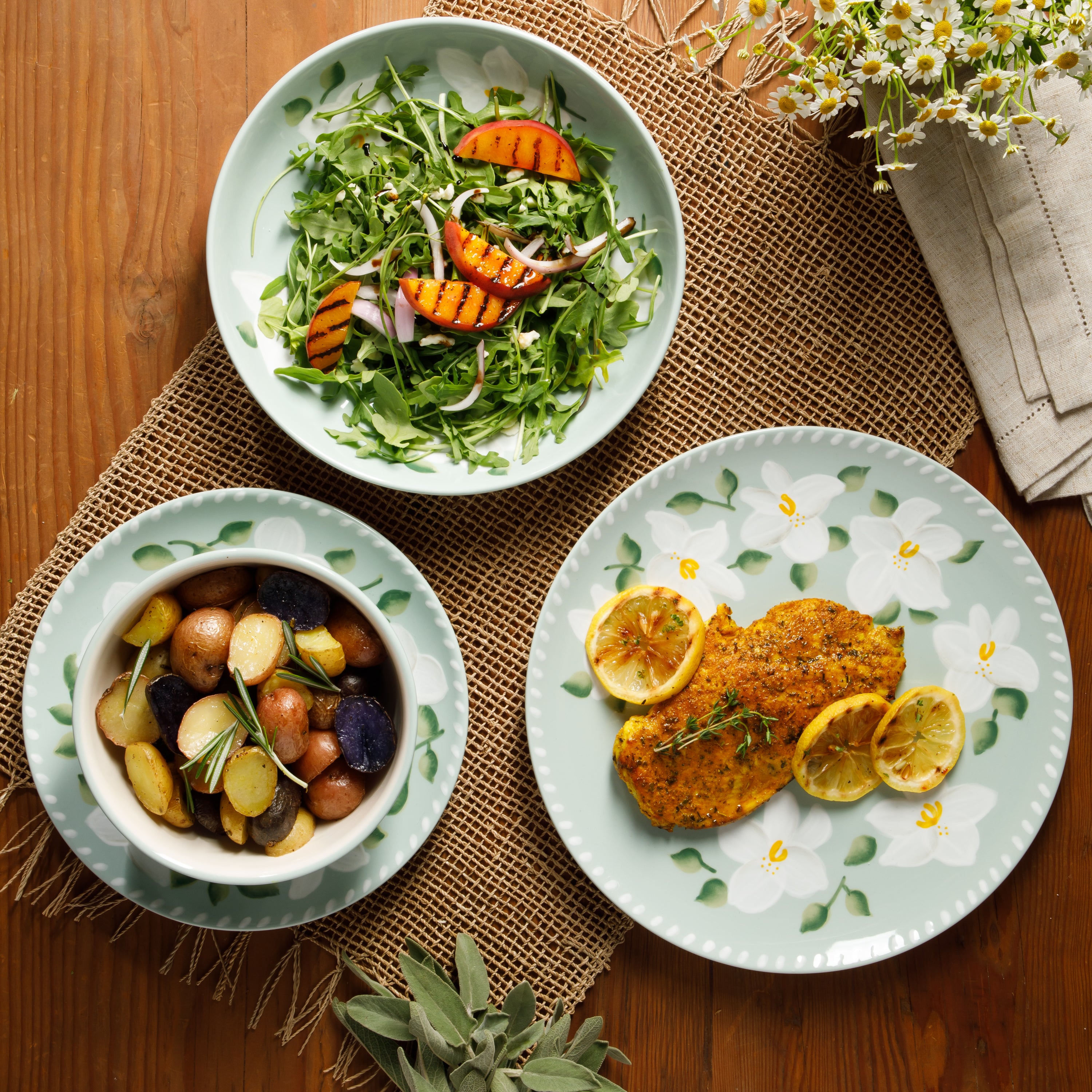 Bloomhouse Magnolia Bloom 16 Piece Double Bowl Hand Painted Stoneware Plates and Bowls Floral Dinnerware Set
