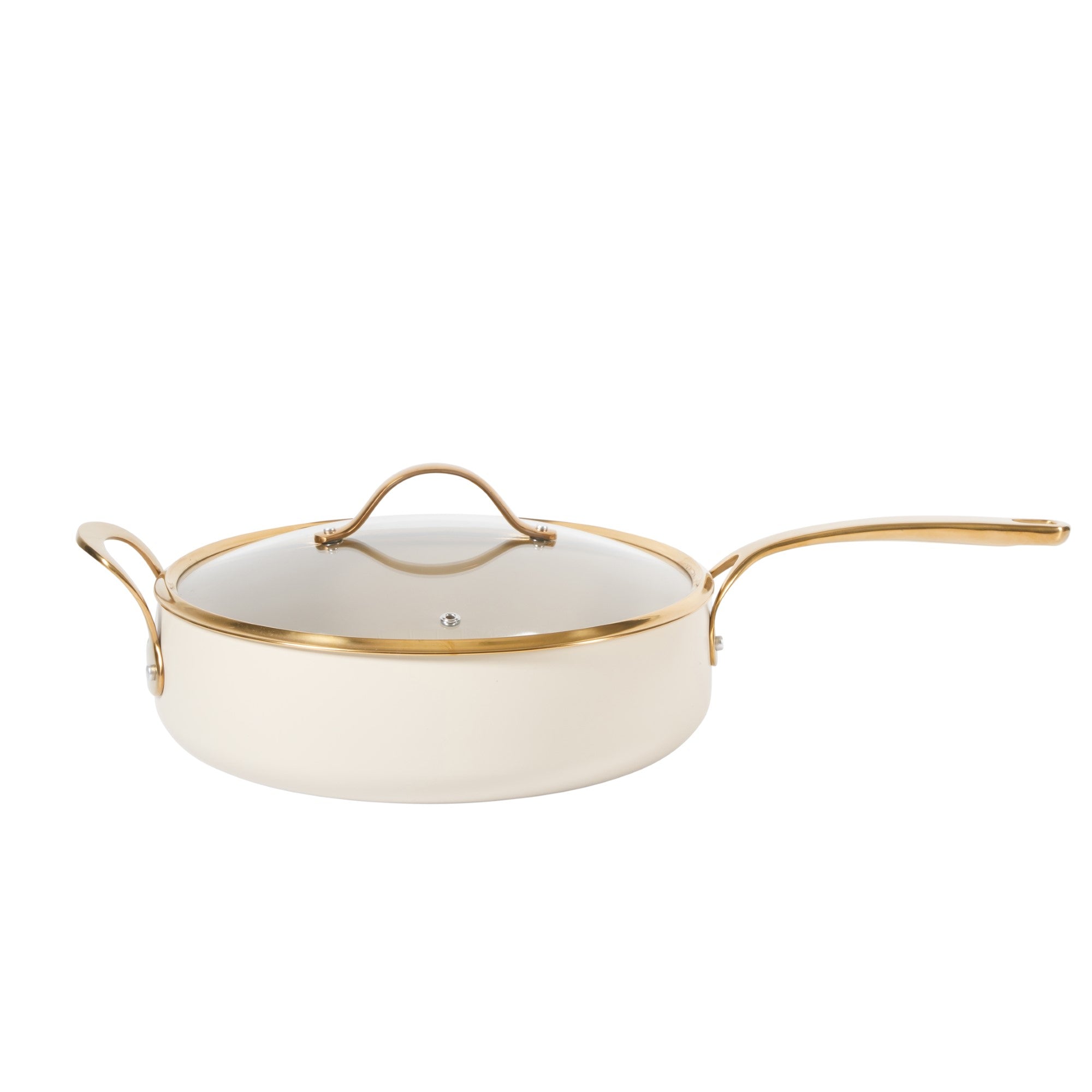 Bloomhouse 6 QT Heavy Duty Aluminum Premium PFA Free Ceramic Nonstick Saute/Deep Frying Pan Skillet with Lid - Linen White with Gold Handle