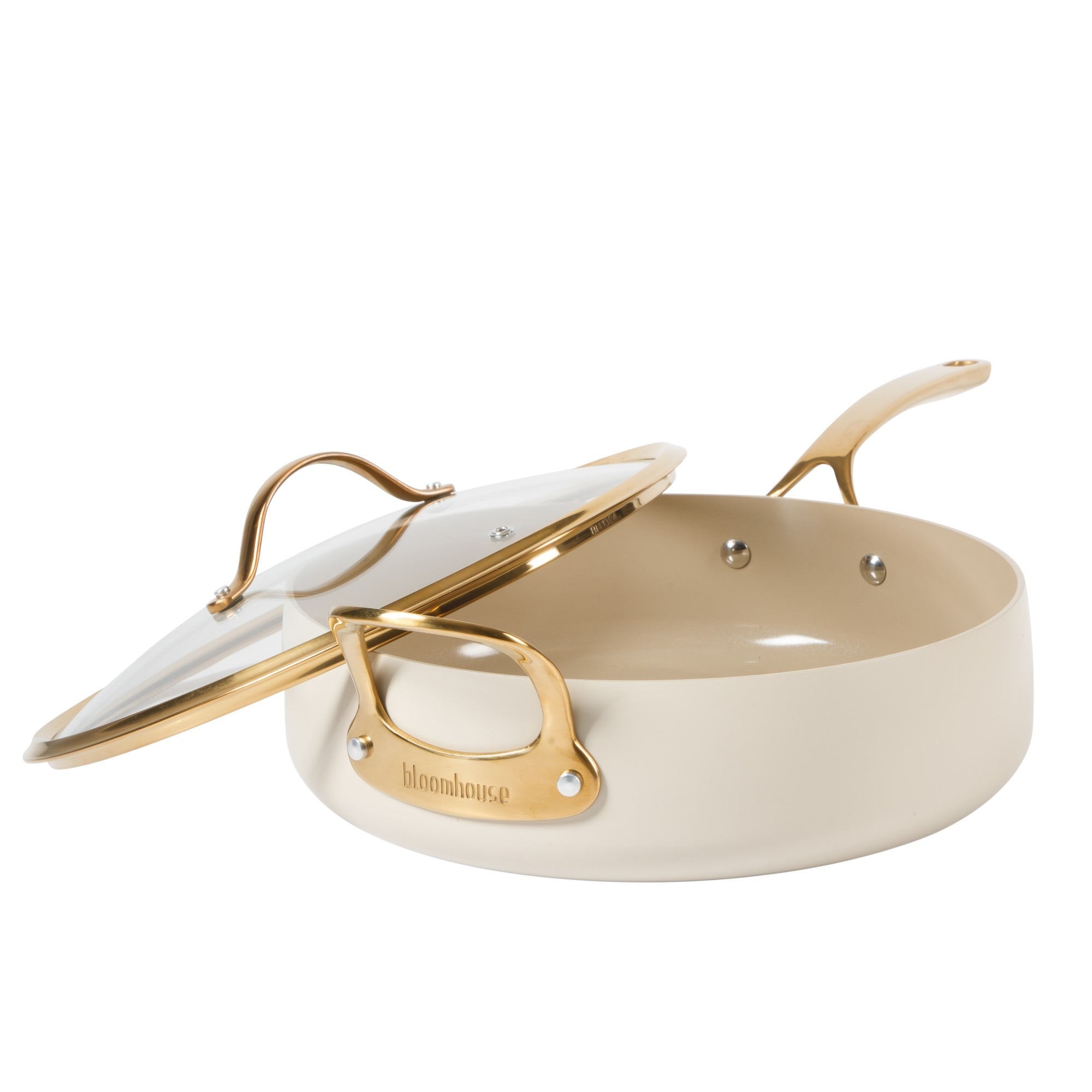 Bloomhouse 6 QT Heavy Duty Aluminum Premium PFA Free Ceramic Nonstick Saute/Deep Frying Pan Skillet with Lid - Linen White with Gold Handle