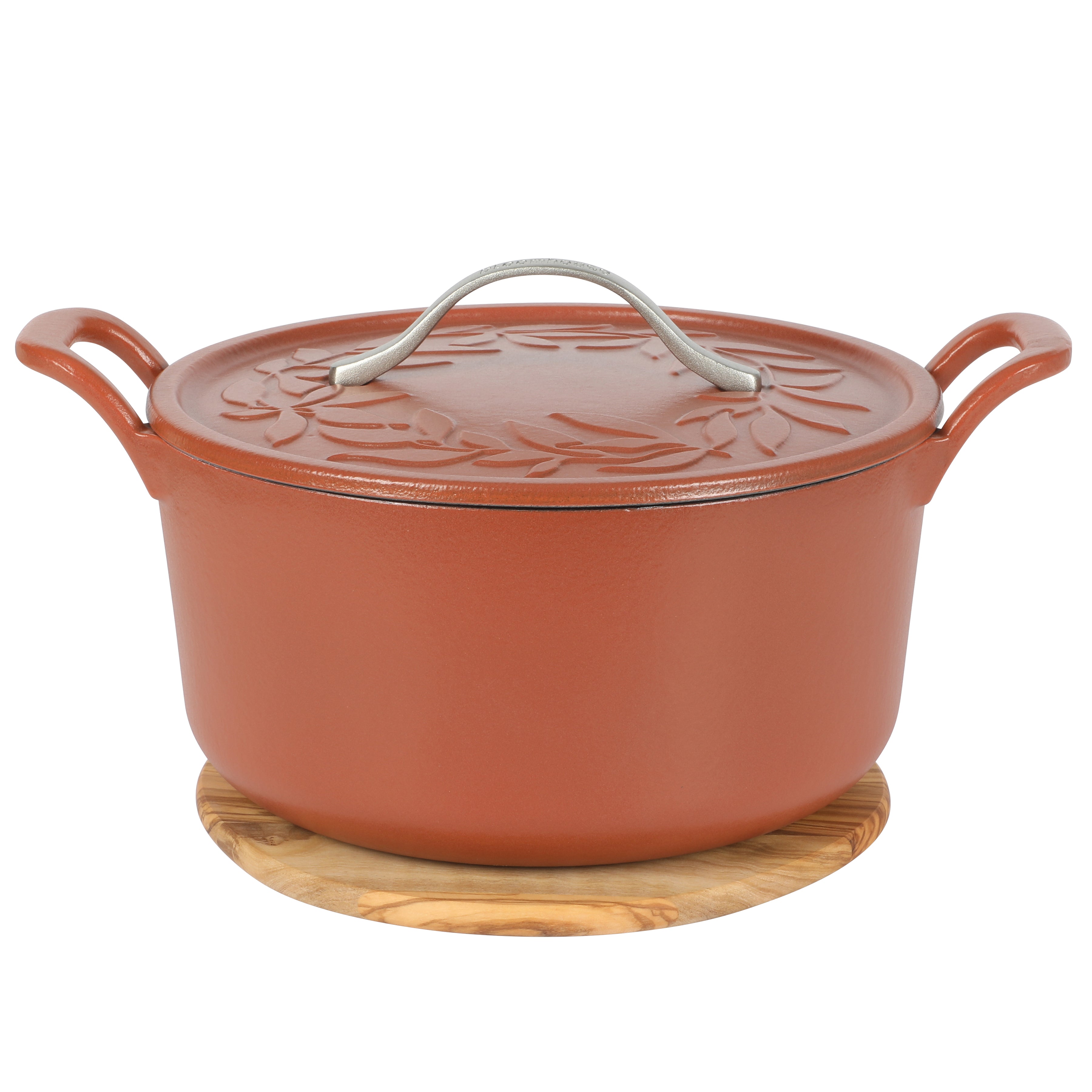 Bloomhouse 7 Qt Cast Iron Dutch Oven W/ Embossed Lid, European Enamel, & Olive Wood Trivet