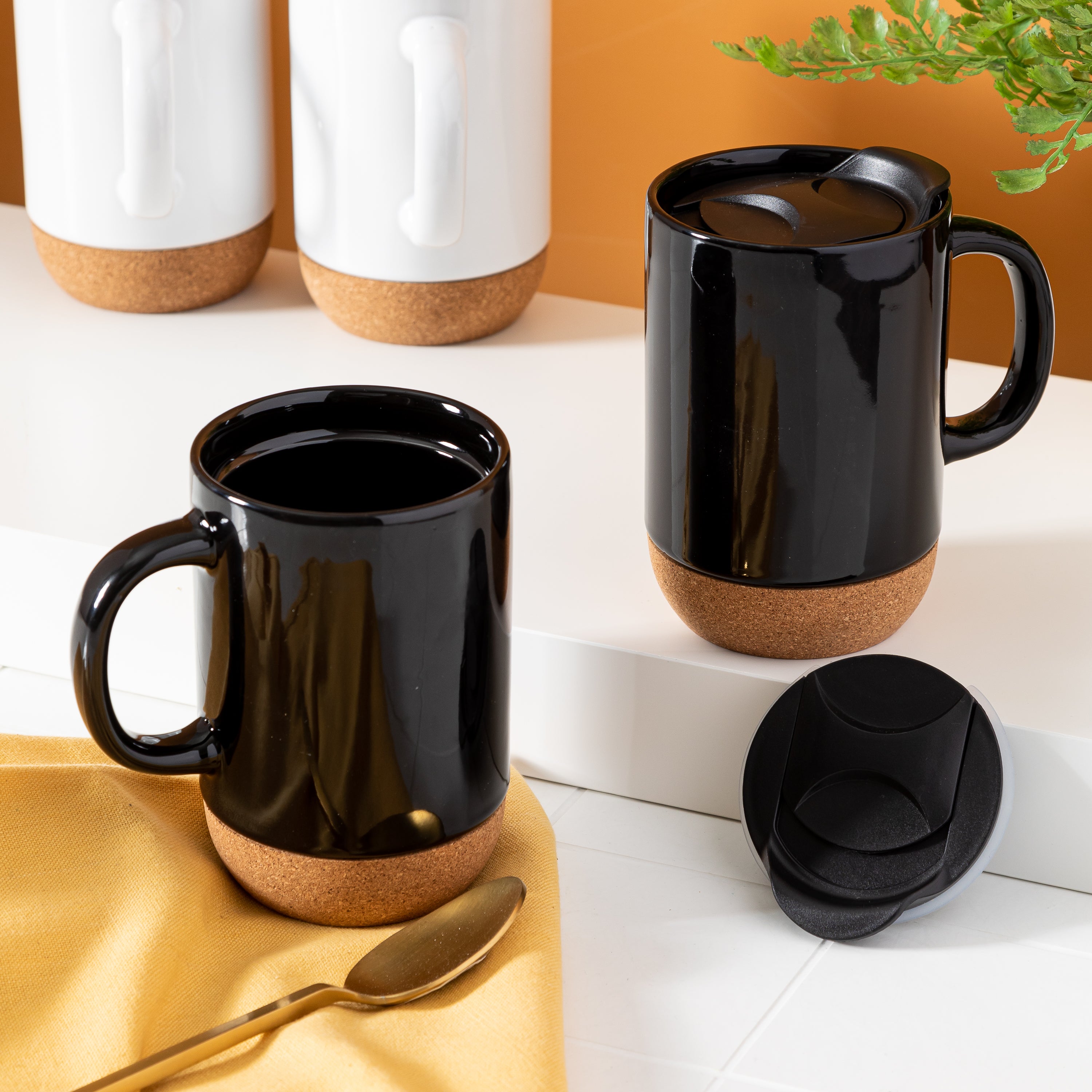 Gibson Home Modani 2-Pack Large 16.5oz Ceramic Mug Set w/ Removable Cork Bottom and Lid