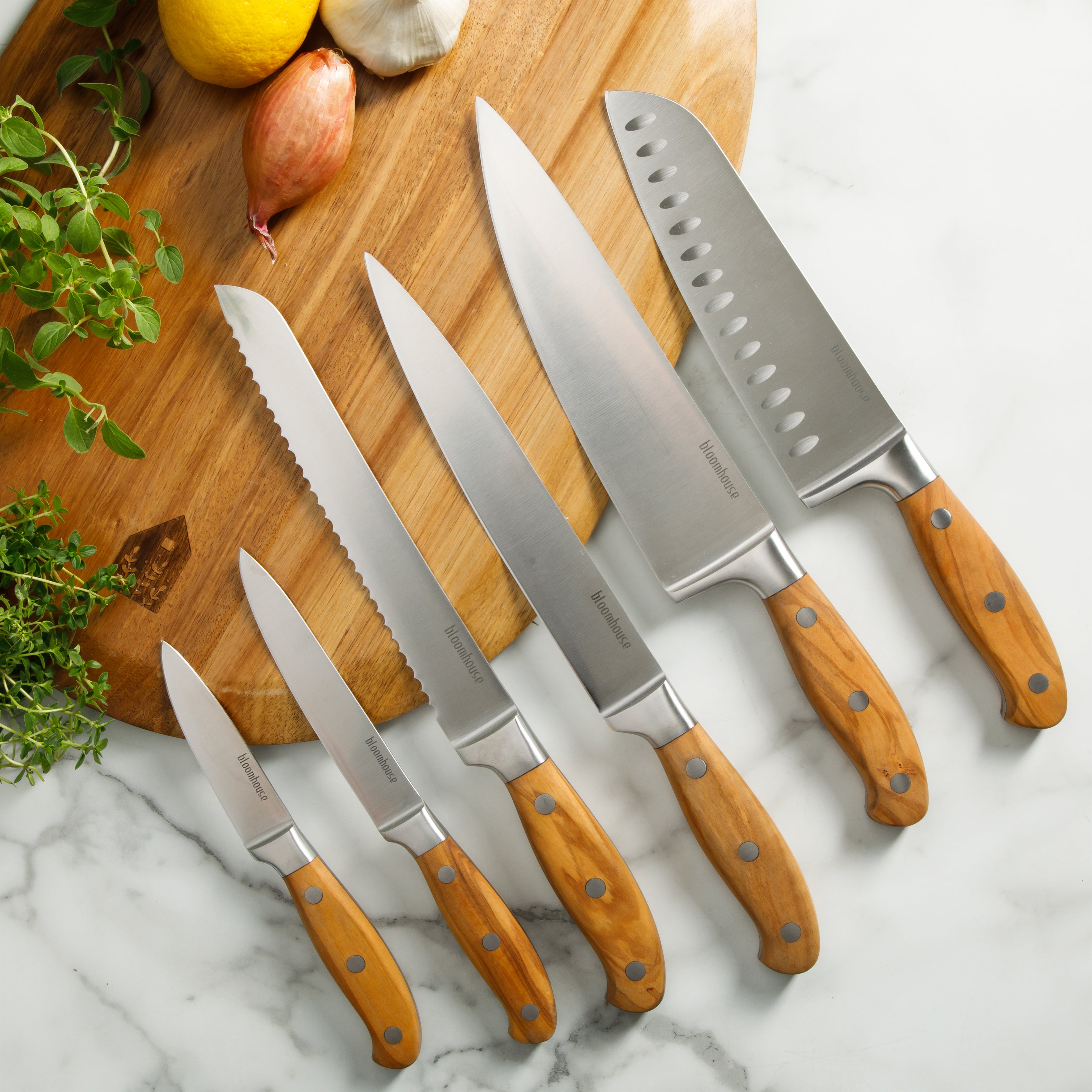 Bloomhouse 7 Piece Italian Olive Wood Knife Block Set w/ German Forged Steel Knives