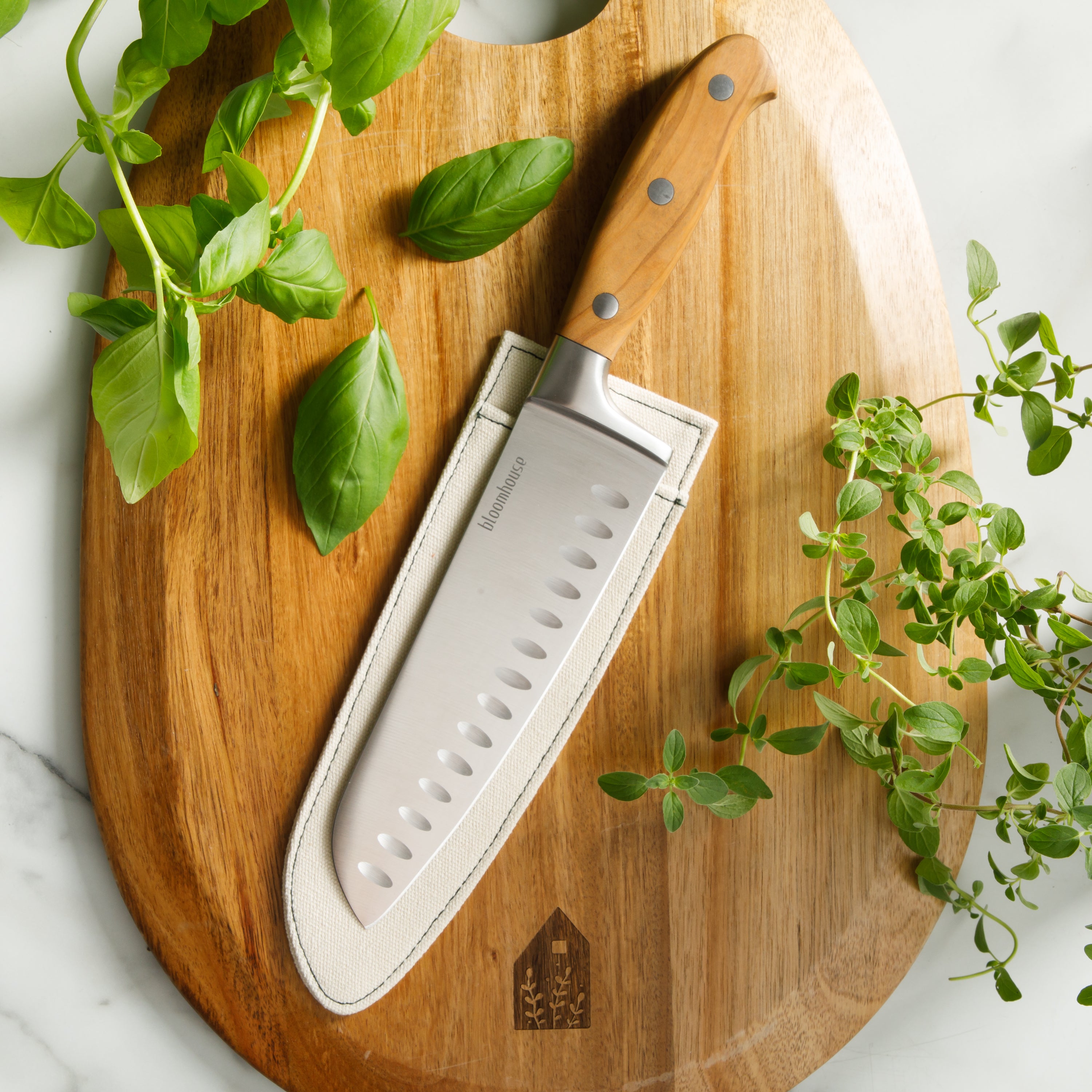 Bloomhouse 7 Inch German Steel Santoku Knife w/ Olive Wood Forged Handle