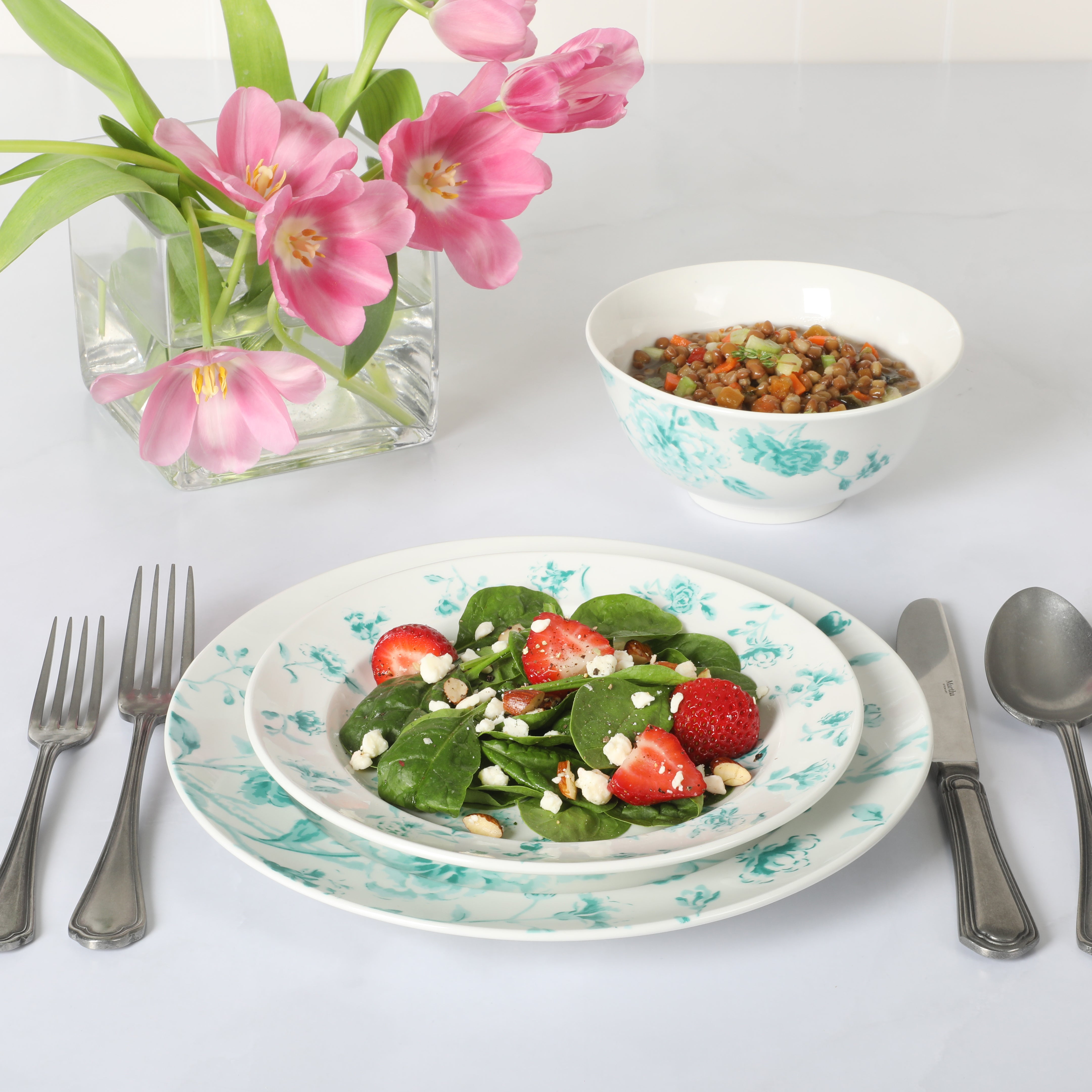 Martha Stewart Empress Bouquet 12 Piece Decorated Porcelain  Dinnerware Plates and Bowls Set