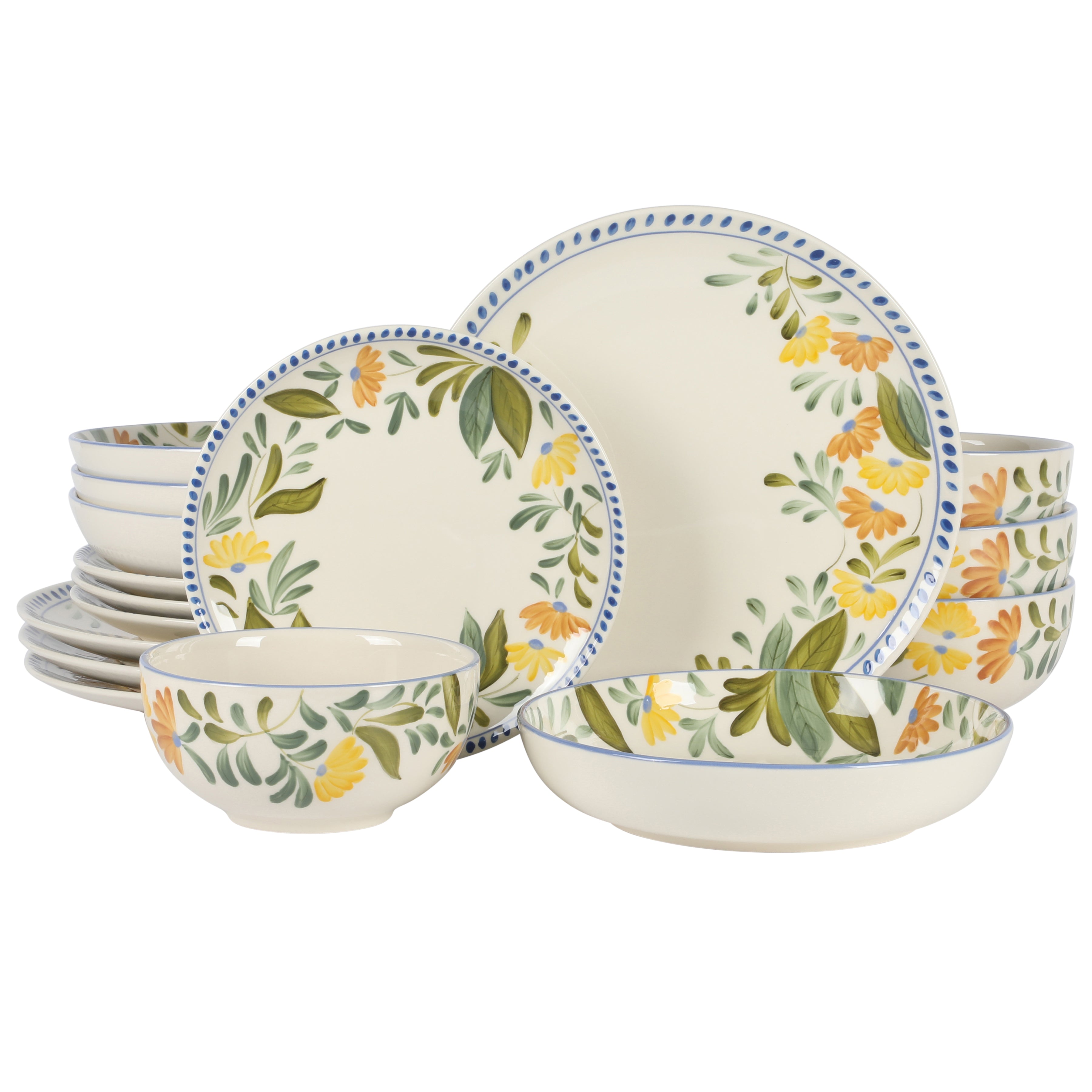 Bloomhouse Posy Blossom 16 Piece Double Bowl Hand Painted Stoneware Plates and Bowls Floral Dinnerware Set