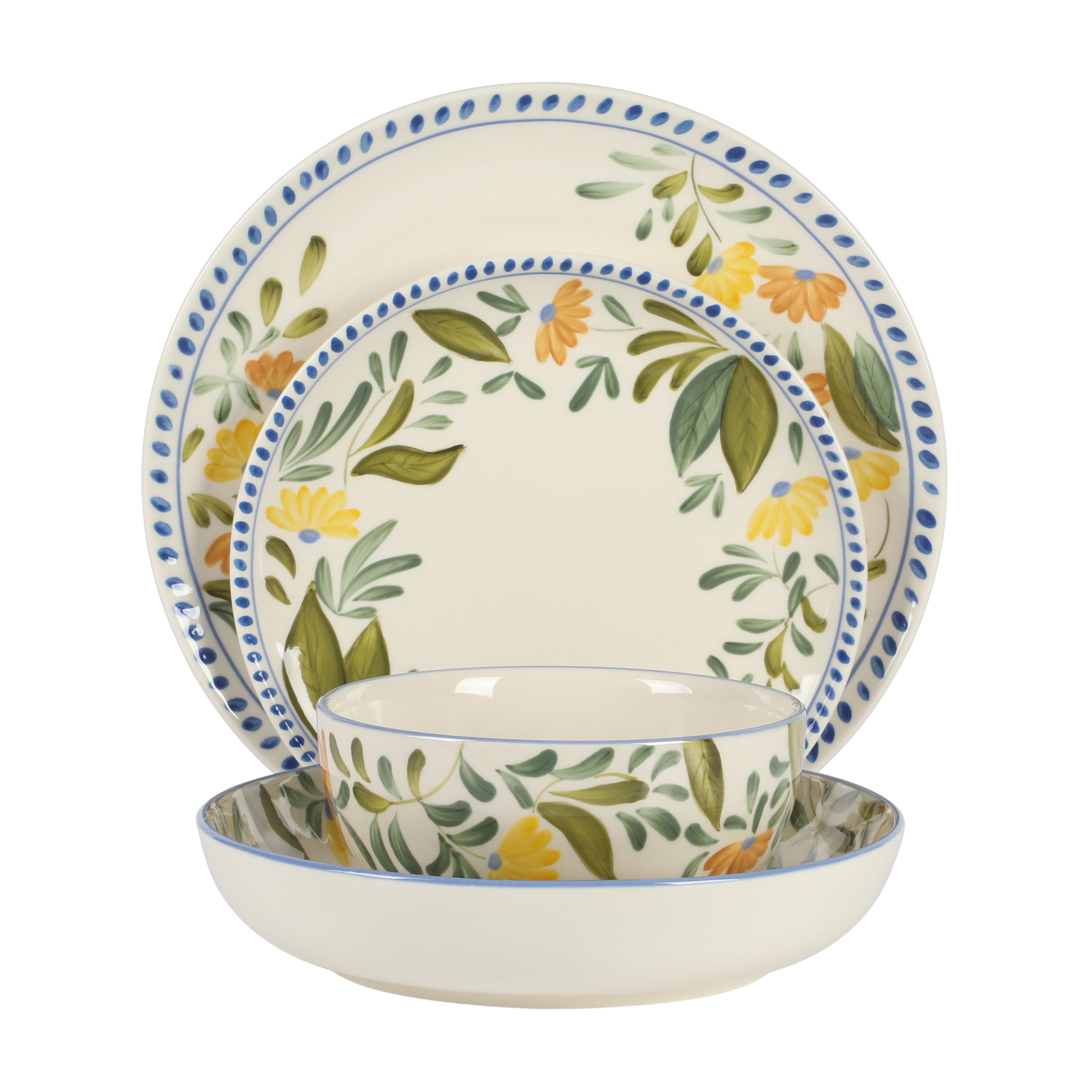 Bloomhouse Posy Blossom 16 Piece Double Bowl Hand Painted Stoneware Plates and Bowls Floral Dinnerware Set