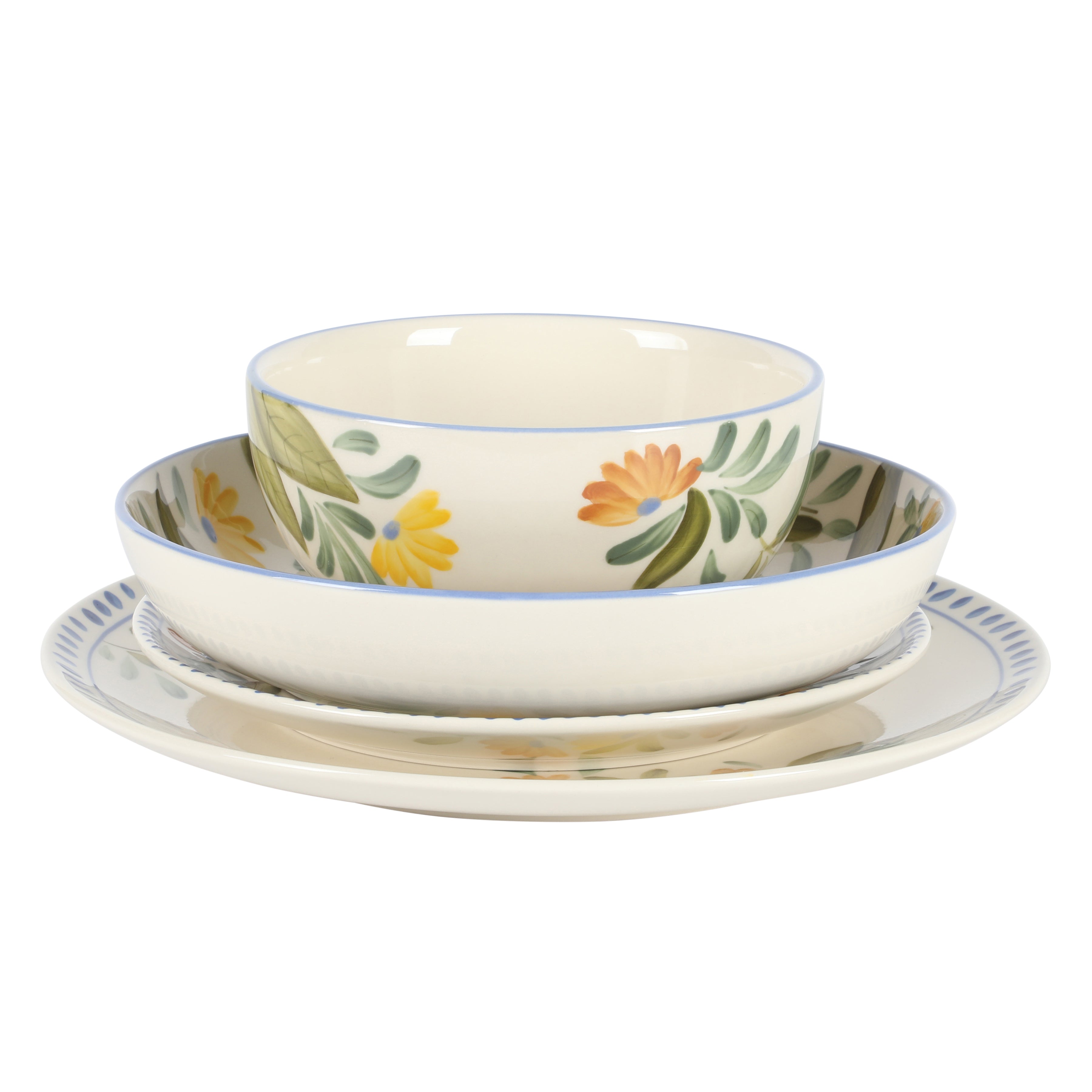Bloomhouse Posy Blossom 16 Piece Double Bowl Hand Painted Stoneware Plates and Bowls Floral Dinnerware Set
