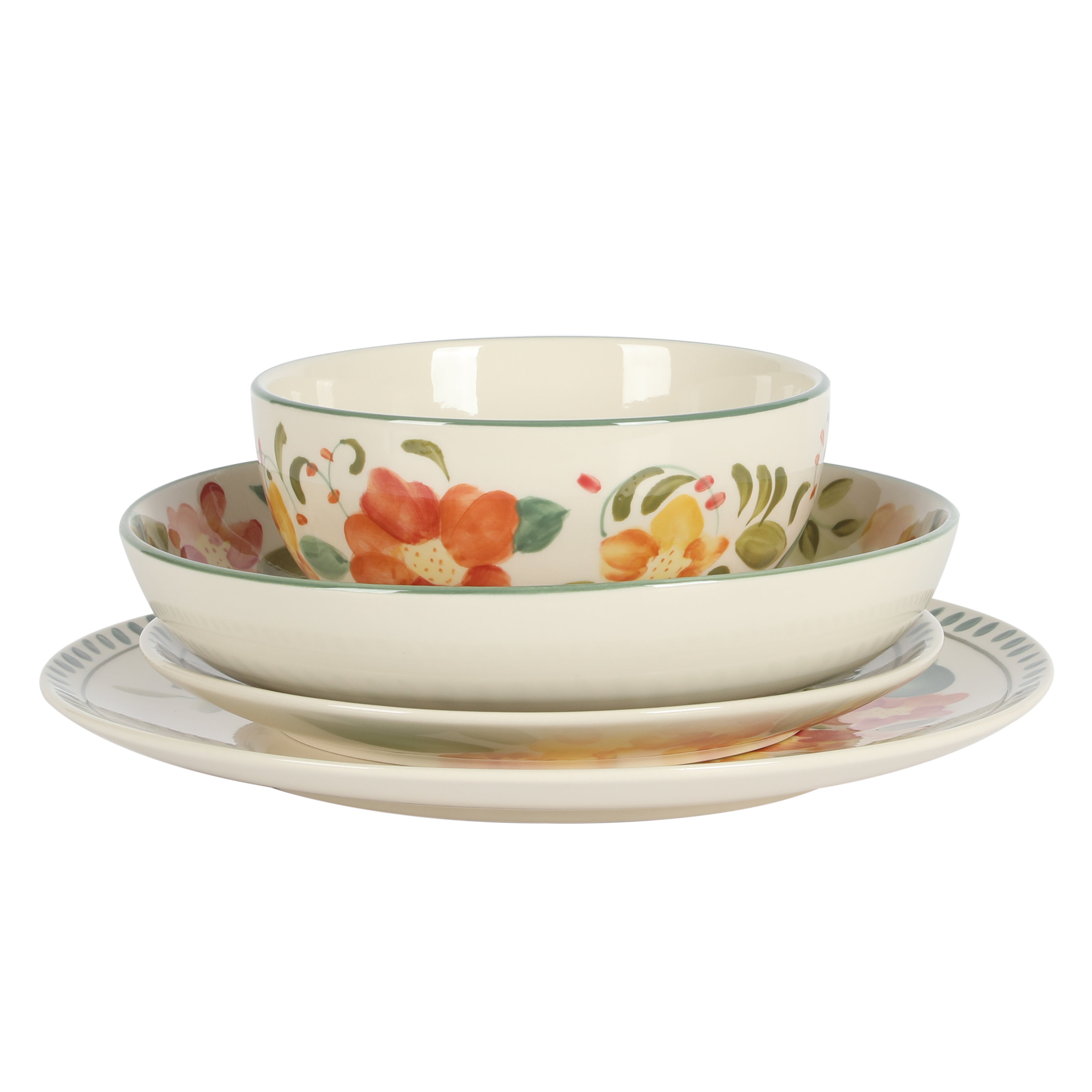 Bloomhouse Cassia Bud 16 Piece Double Bowl Hand Painted Stoneware Plates and Bowls Floral Dinnerware Set