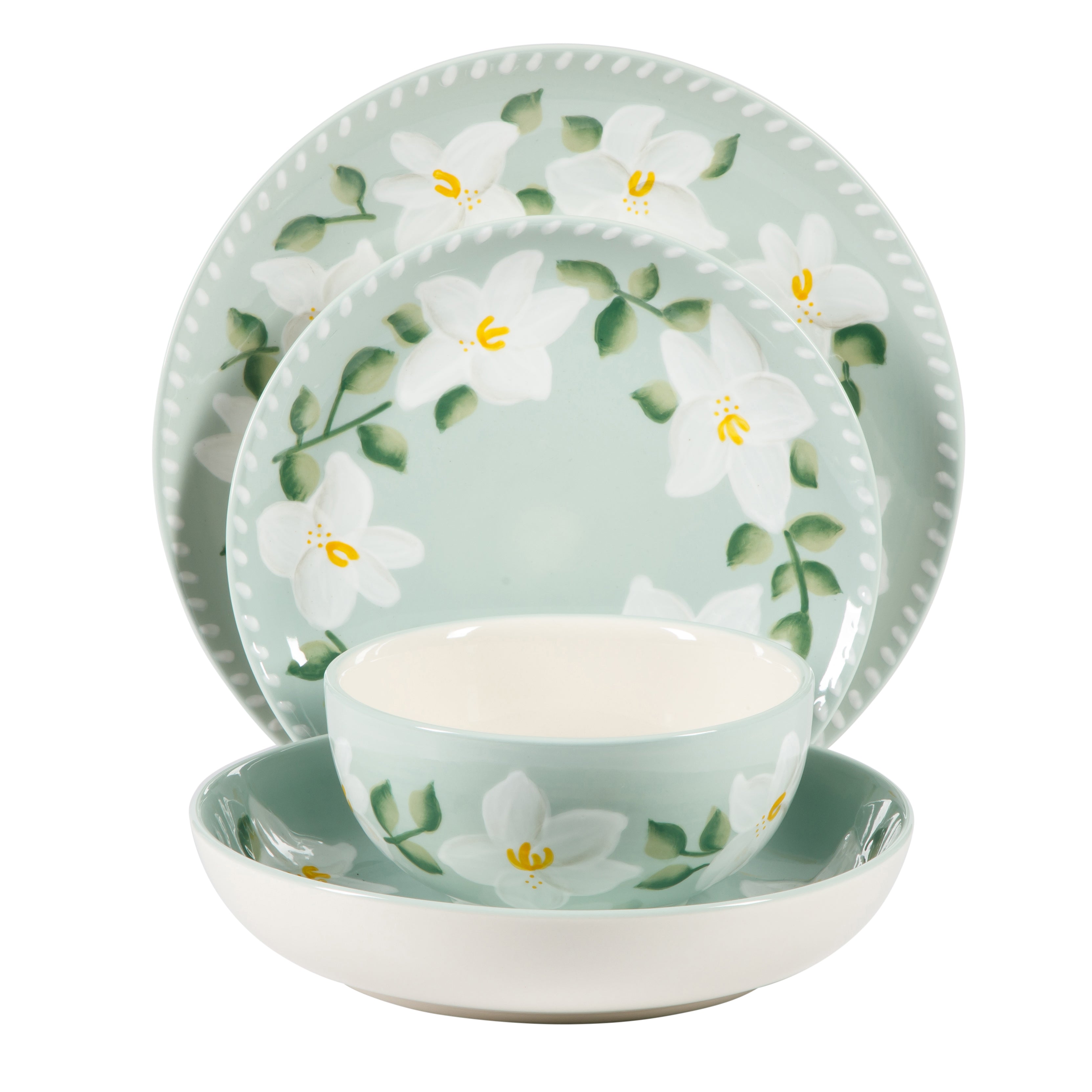 Bloomhouse Magnolia Bloom 16 Piece Double Bowl Hand Painted Stoneware Plates and Bowls Floral Dinnerware Set