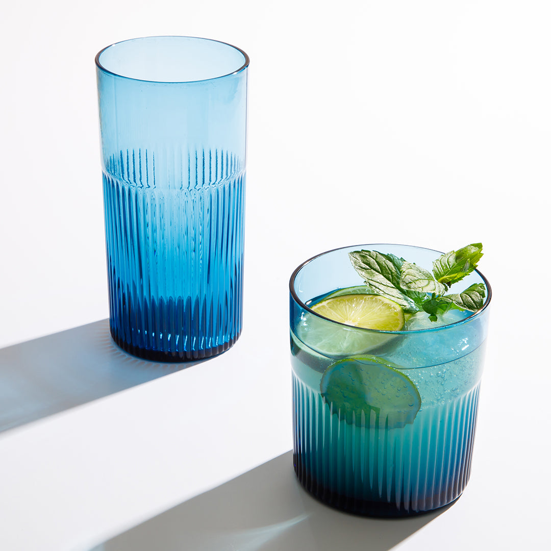 Bloomhouse Lyon Sky 8 Piece Hand Made 18 oz Colored Glass Tumbler Set w/ Coasters