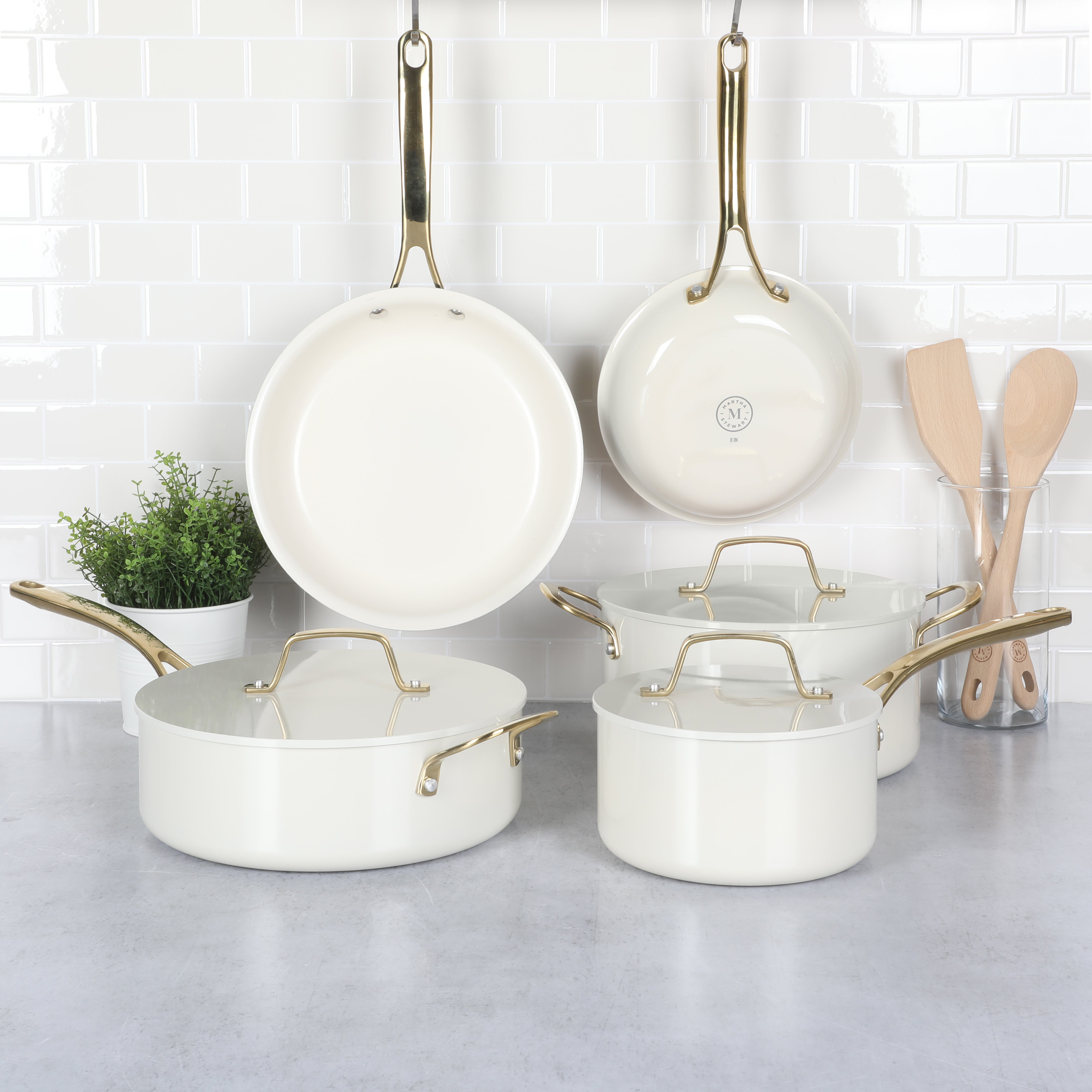 Martha Stewart Galway Premium Nonstick PFA Free Ceramic Interior 10 Piece Heavy Gauge Enamel Aluminum Pots and Pans Cookware Set w/ Aluminum Lids
