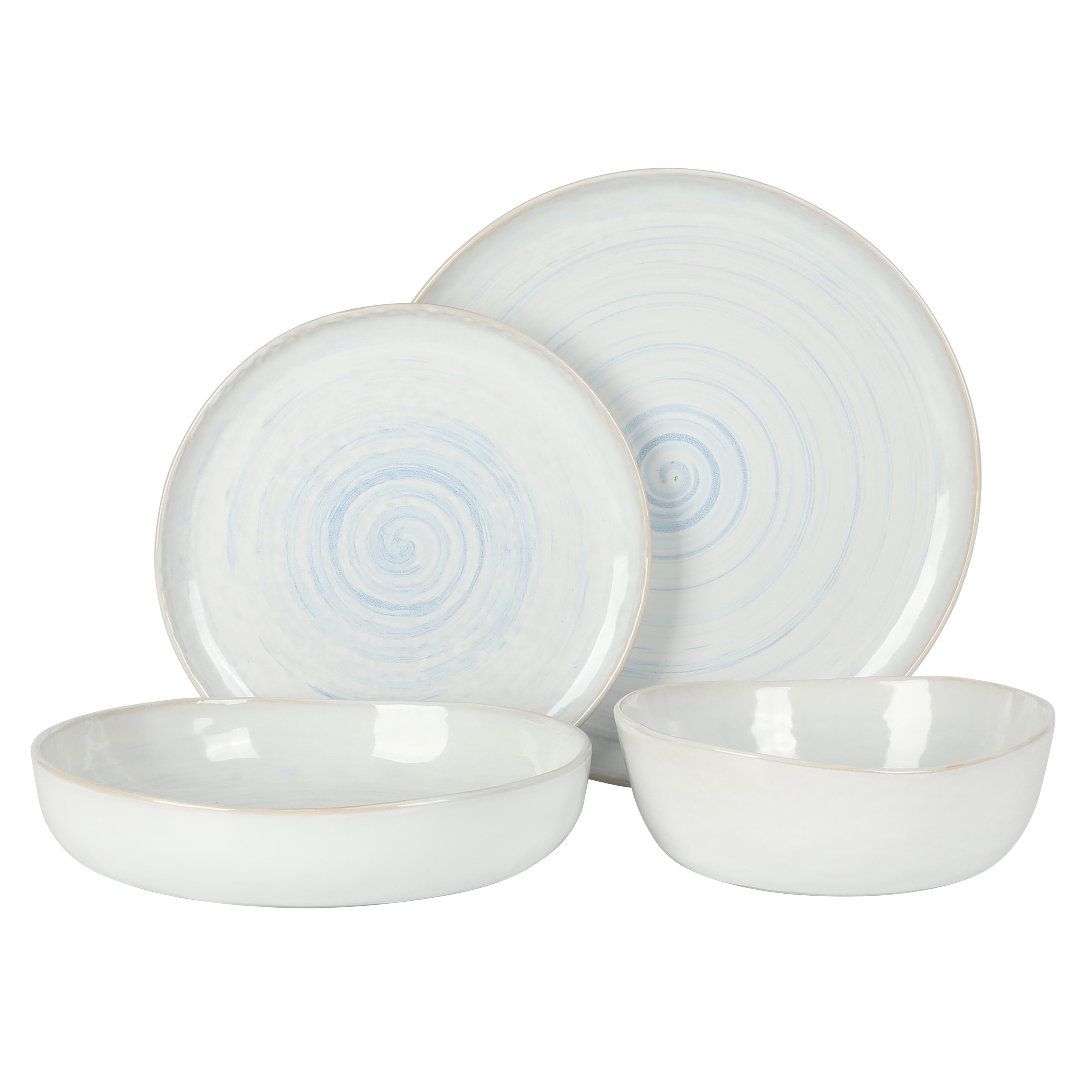 Gibson Elite Auckland Blue Swirl Stoneware Reactive Glaze 16 Piece (Service for 4) Plates and Bowls Dinnerware Set