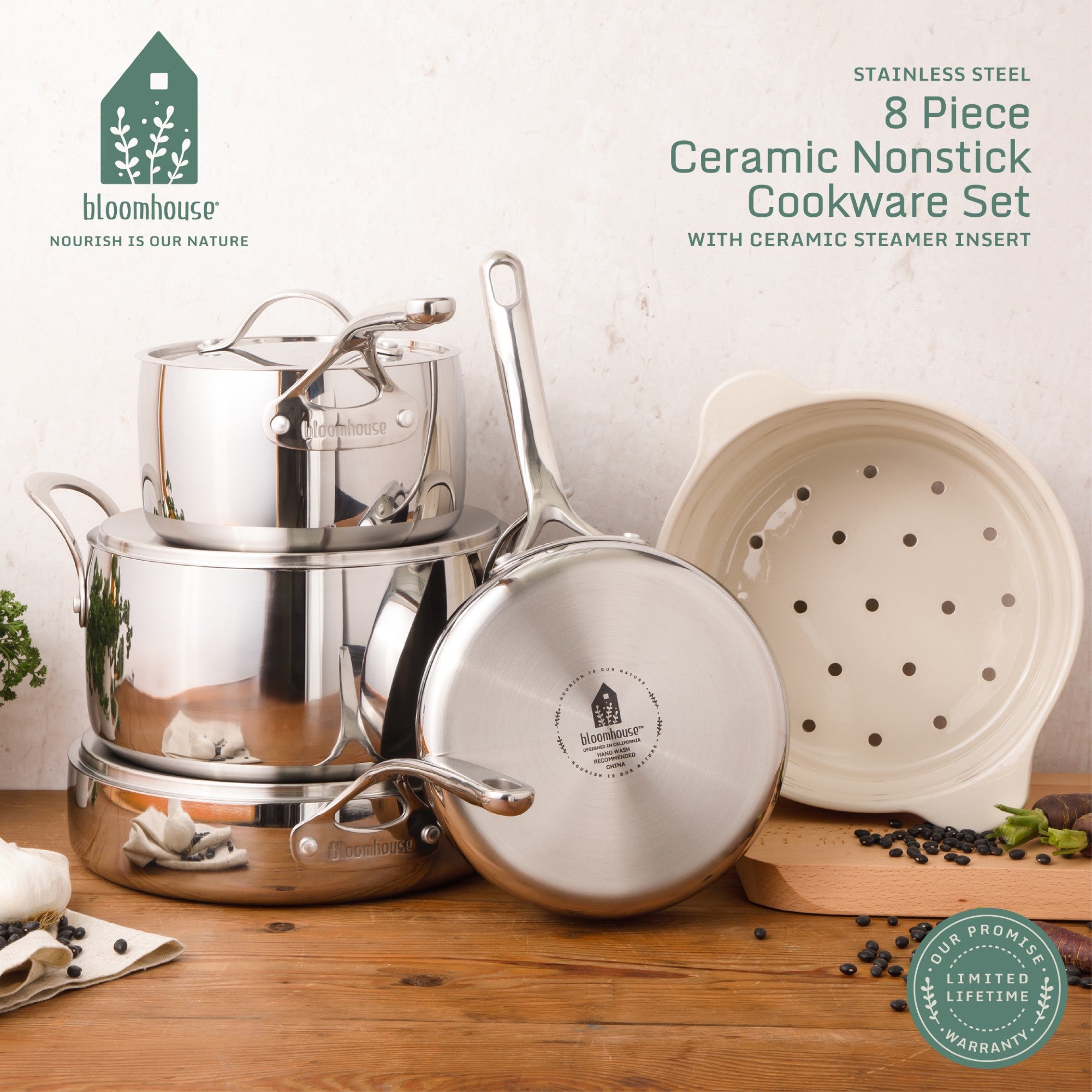 Bloomhouse 8 Piece Triply Stainless Steel Pots and Pans Cookware Set W/ Non Toxic Pro Ceramic Non Stick Interior