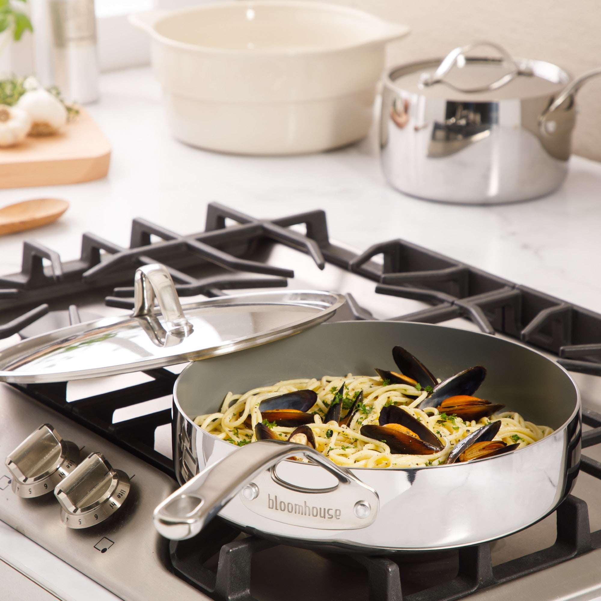 Bloomhouse 8 Piece Triply Stainless Steel Pots and Pans Cookware Set W/ Non Toxic Pro Ceramic Non Stick Interior