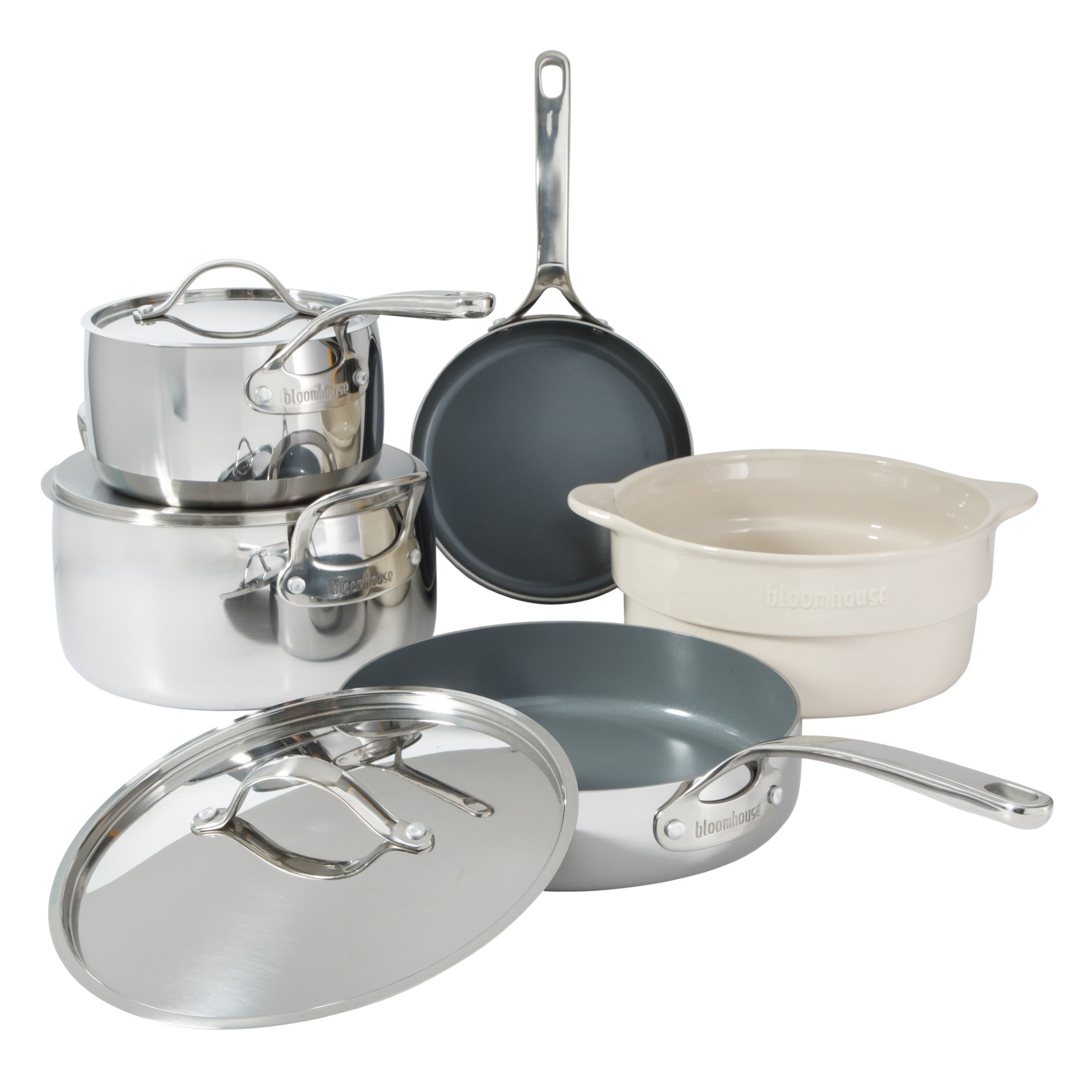 Bloomhouse 8 Piece Triply Stainless Steel Pots and Pans Cookware Set W/ Non Toxic Pro Ceramic Non Stick Interior