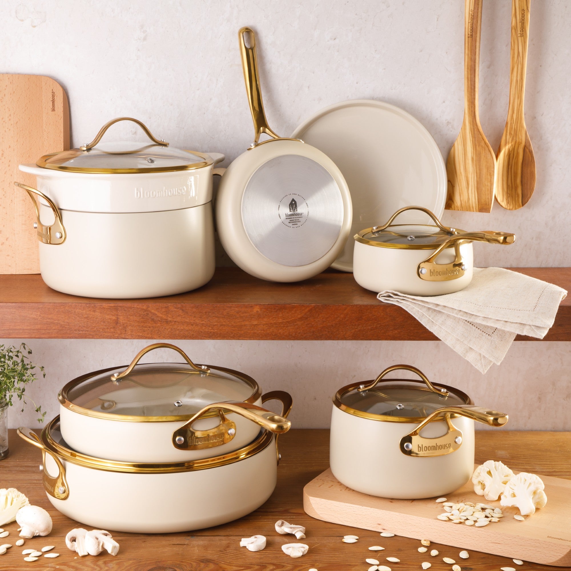 Bloomhouse 15 Piece Pots and Pans Heavy Duty Aluminum Premium PFA Free Ceramic Nonstick Dutch Oven Pot with Lid - Linen White with Gold Handle