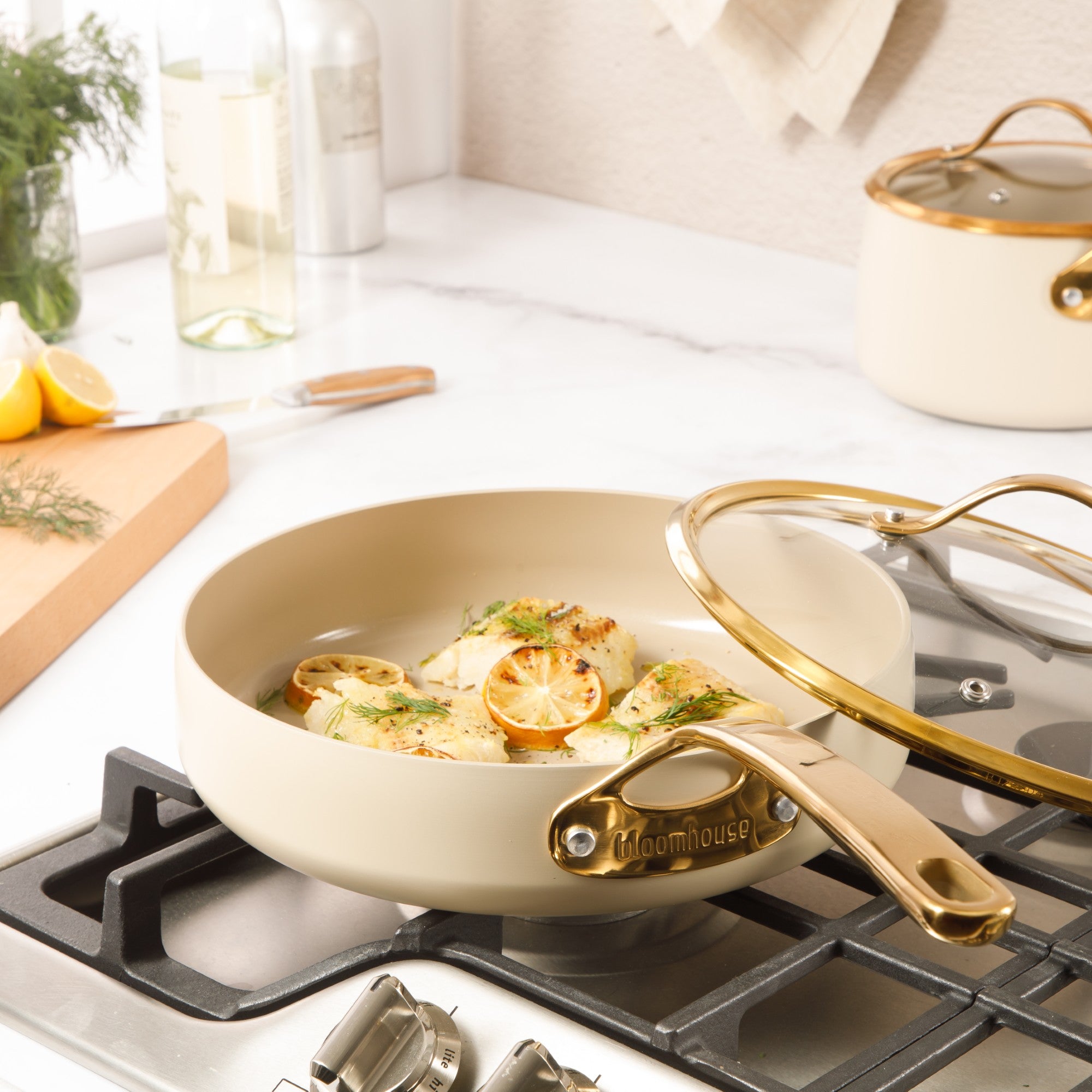 Bloomhouse 15 Piece Pots and Pans Heavy Duty Aluminum Premium PFA Free Ceramic Nonstick Dutch Oven Pot with Lid - Linen White with Gold Handle
