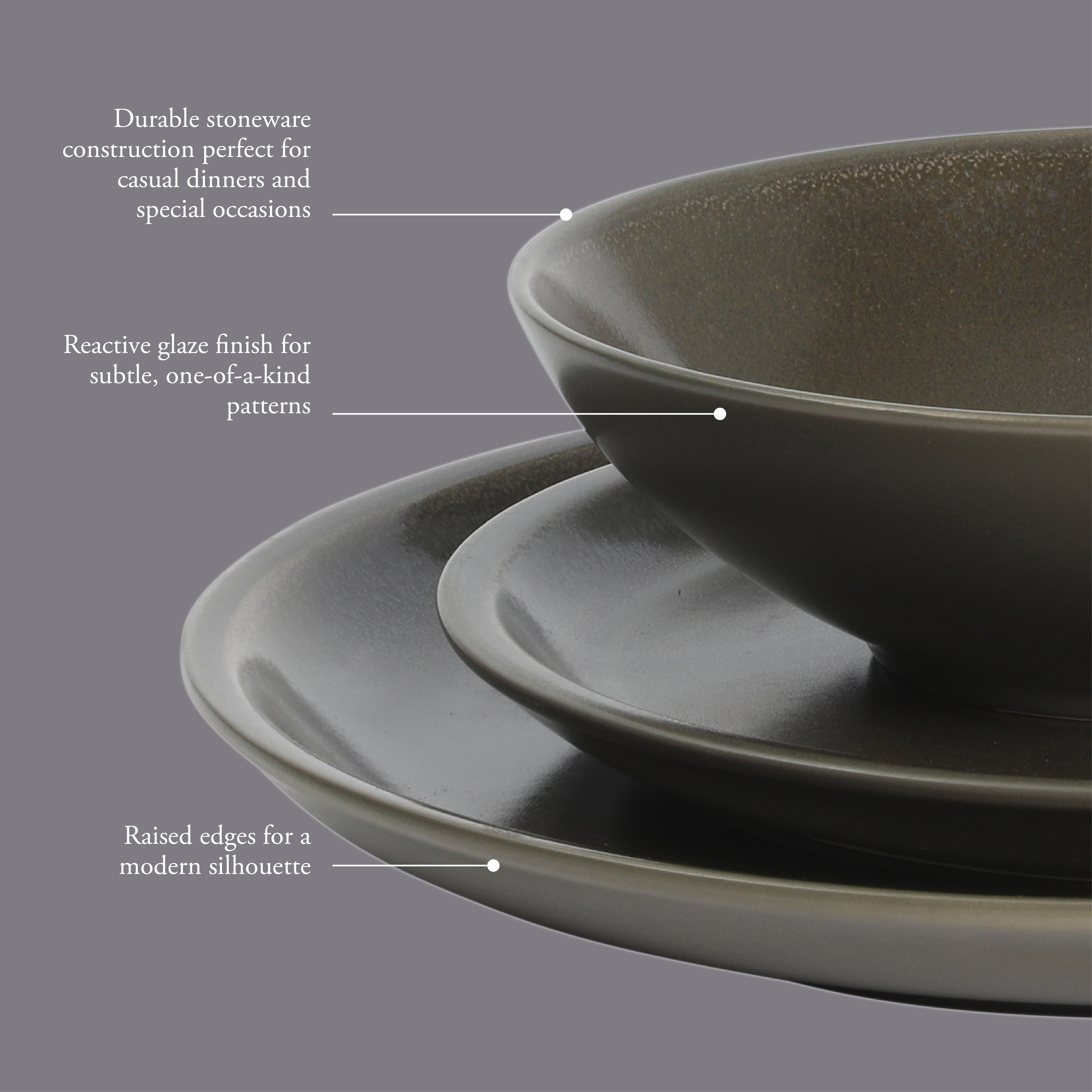 Gibson Elite 12 Piece (Service for 4) Lakecrest Plates and Bowls Reactive Glaze Round Dishes Stoneware Ceramic Dinnerware Set - Dark Green
