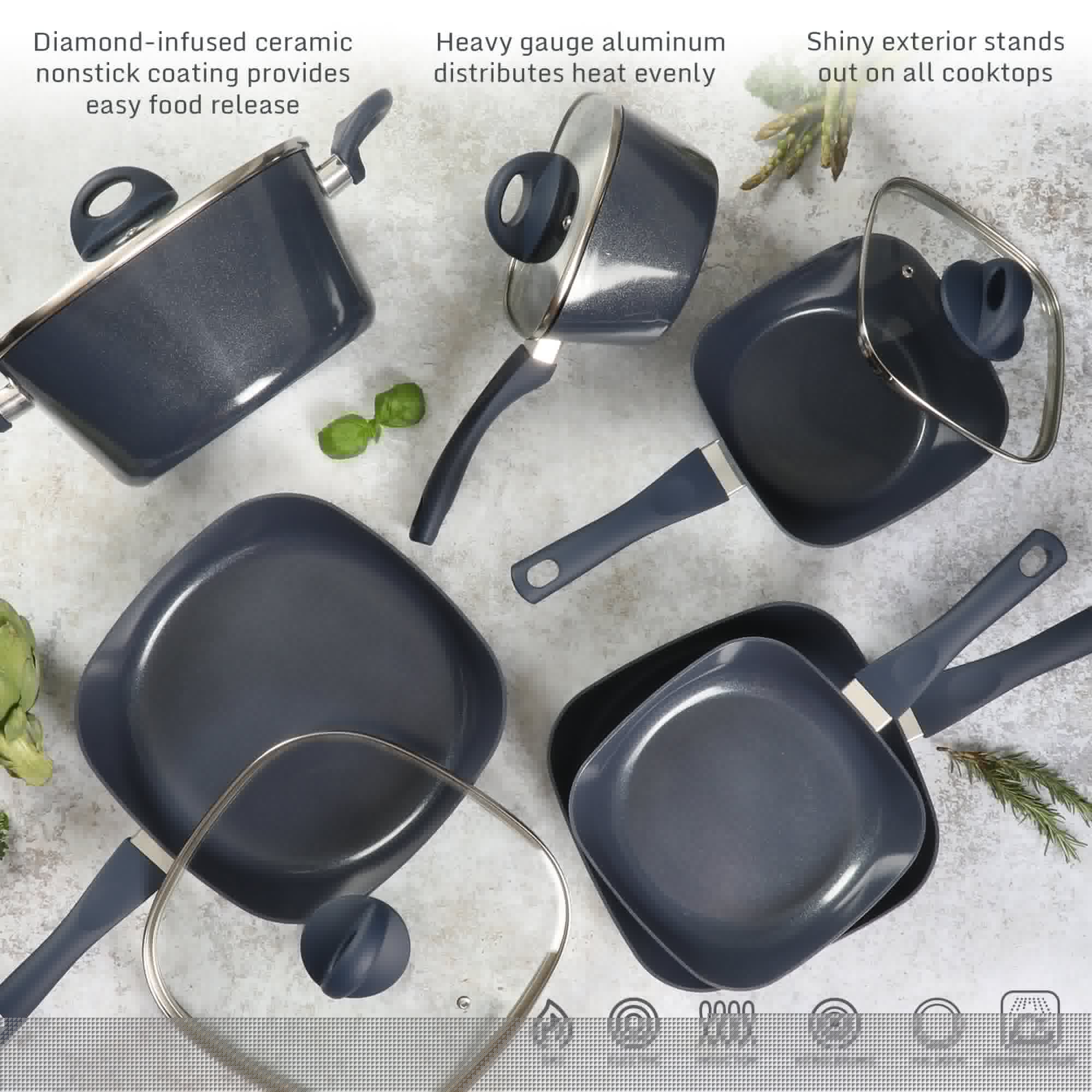 Gibson Soho Lounge 10-Piece Aluminum SquareDiamond-Infused Ceramic Non-Stick Induction Cookware Set