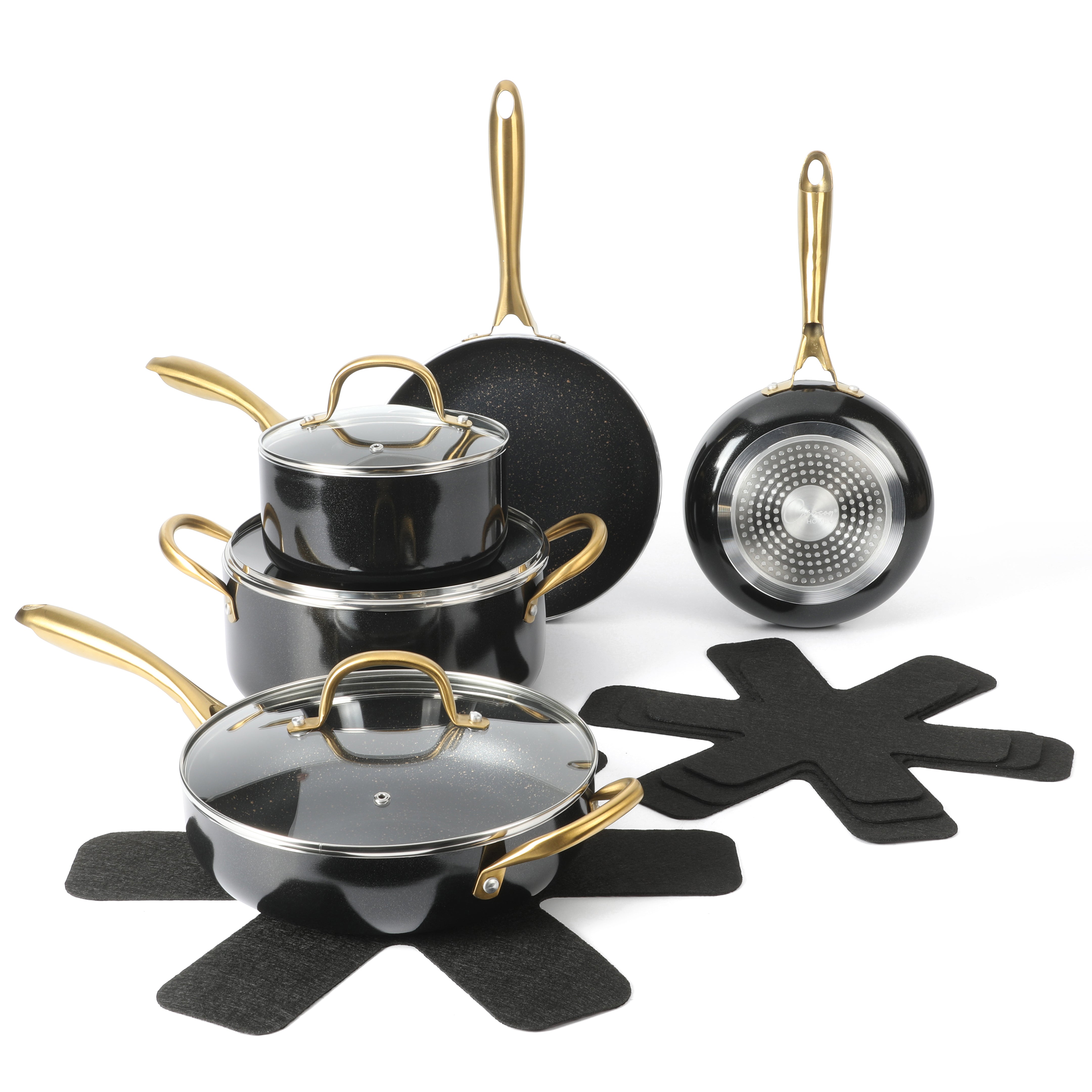 Gibson Home 12-Piece Heavy Gauge Nonstick Induction Aluminum Cookware Set w/ Felt Protector - Black w/ Gold Speckle Interior