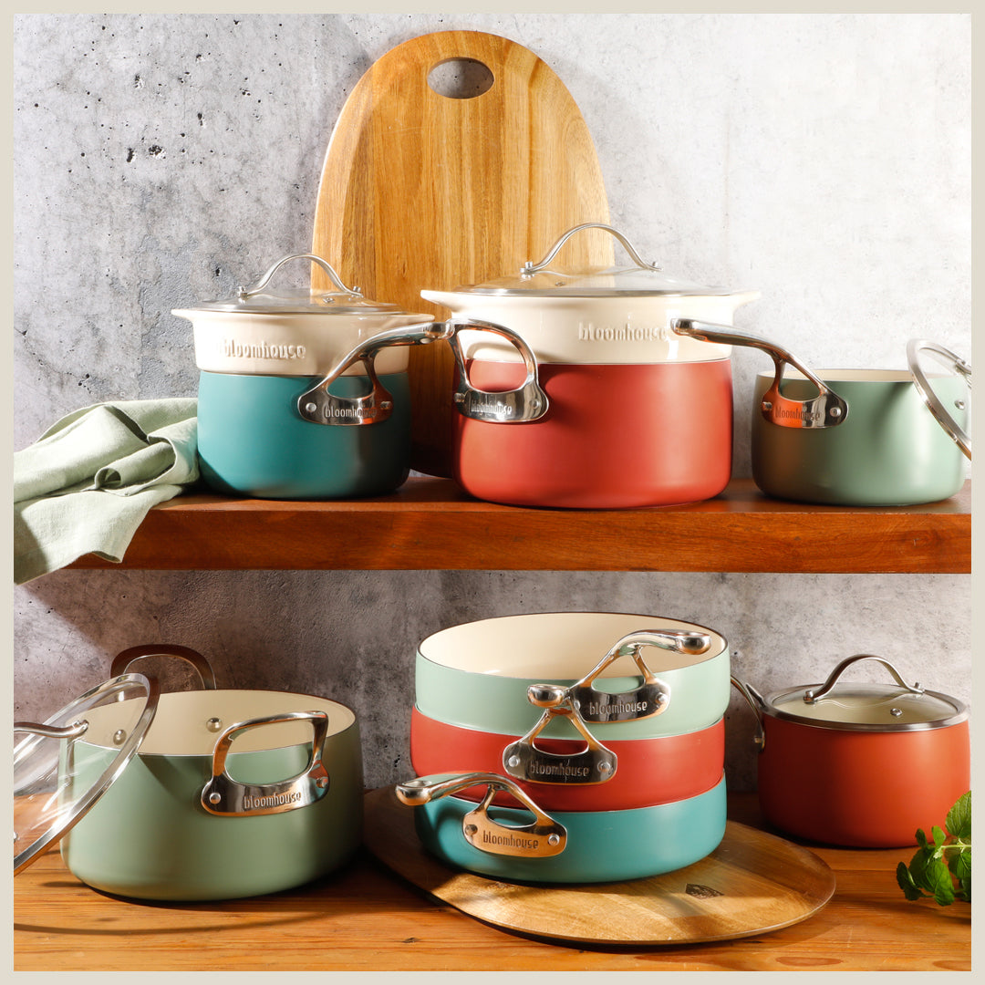 Bloomhouse 12 Piece Aluminum Enamel Cookware Set w/ Non-stick Non-toxic Ceramic Interior and Ceramic Steamer Insert
