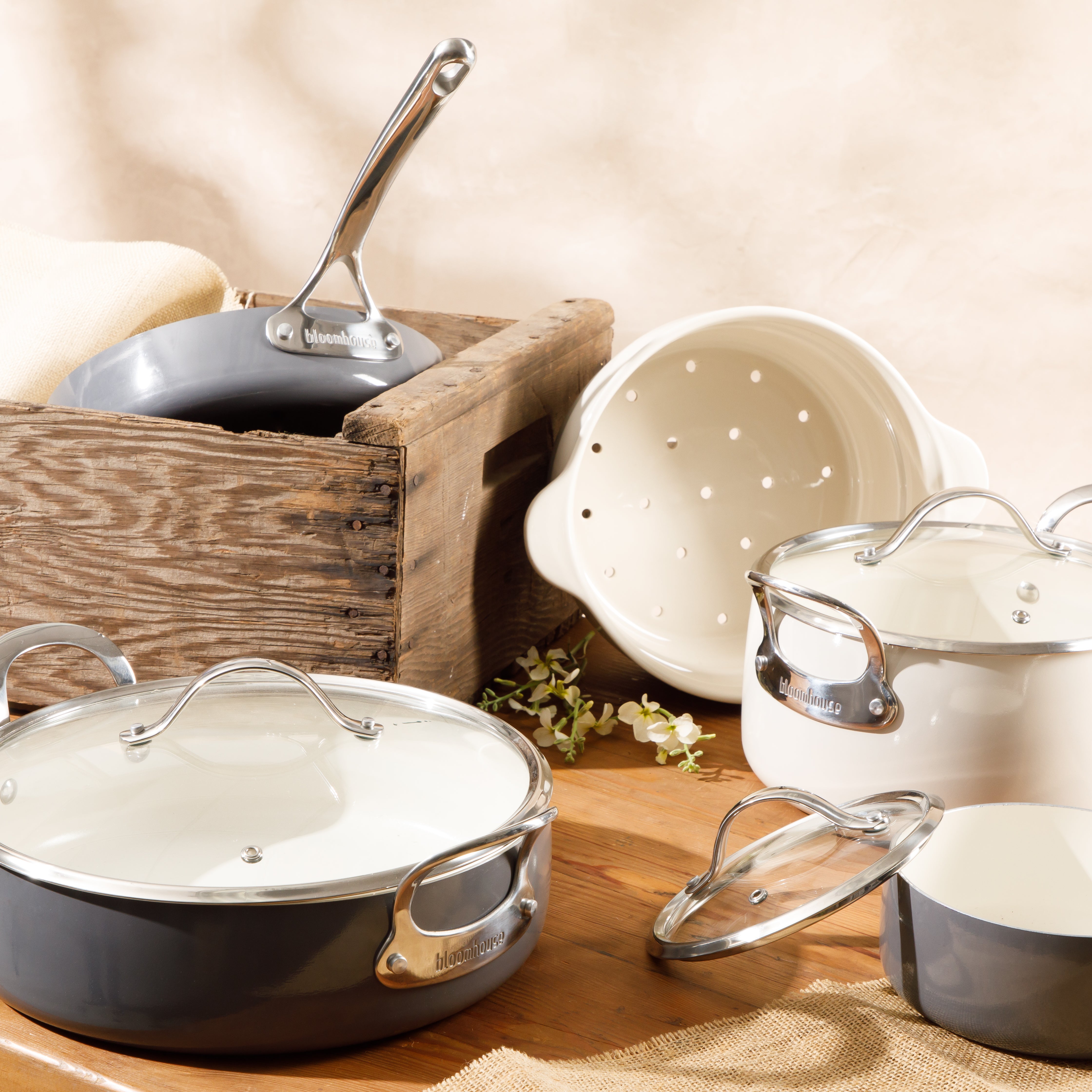 Bloomhouse 12 Piece Aluminum Enamel Cookware Set w/ Non-stick Non-toxic Ceramic Interior and Ceramic Steamer Insert - Stone Grey