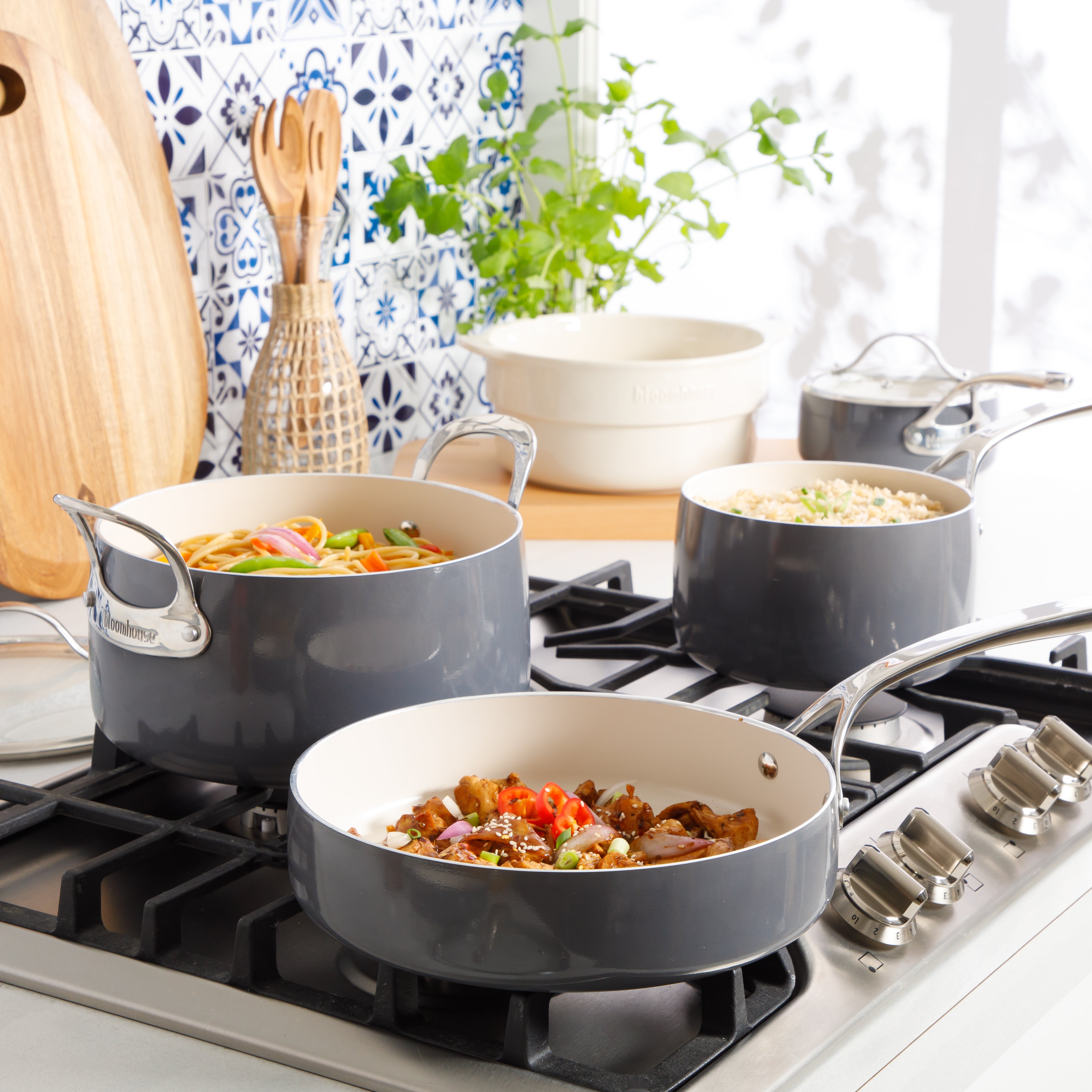 Bloomhouse 12 Piece Aluminum Enamel Cookware Set w/ Non-stick Non-toxic Ceramic Interior and Ceramic Steamer Insert - Stone Grey
