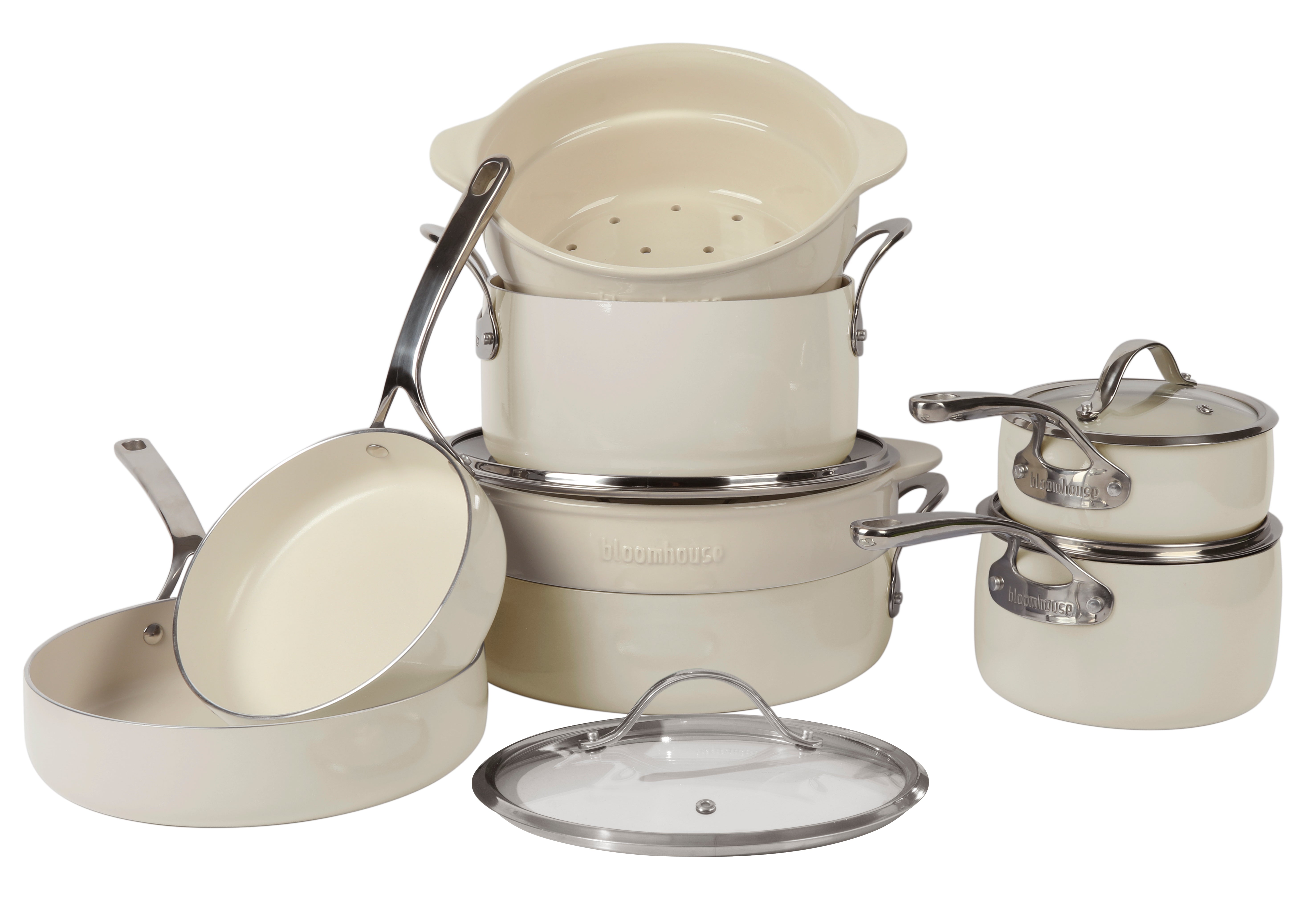 Bloomhouse 12 Piece Aluminum Enamel Cookware Set w/ Non-stick Non-toxic Ceramic Interior and Ceramic Steamer Insert