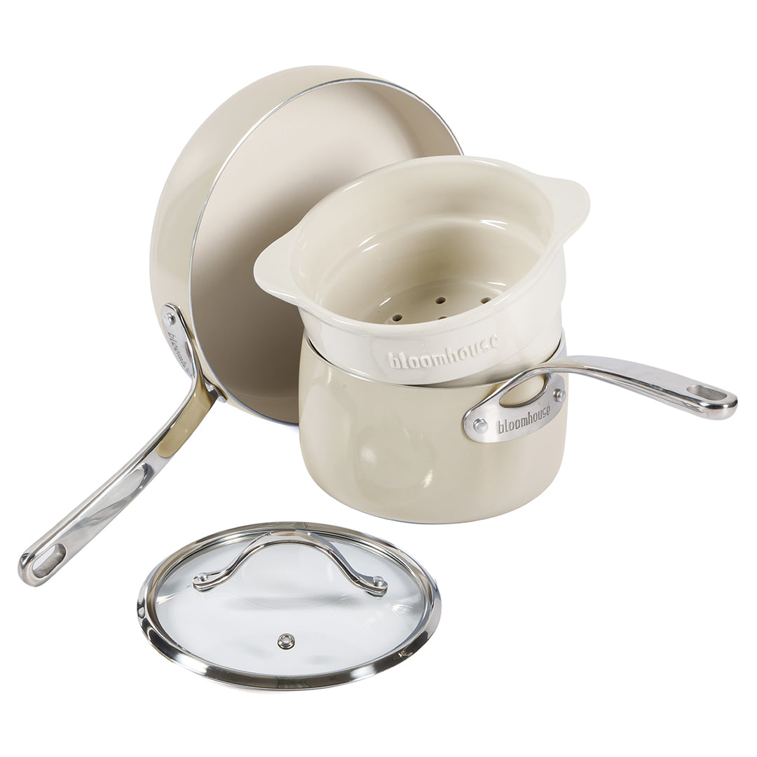 Bloomhouse 4-Piece Heavy-Gauge Aluminum Cookware Set w/Non-Stick Non-Toxic Ceramic Interior and Ceramic Steamer Insert