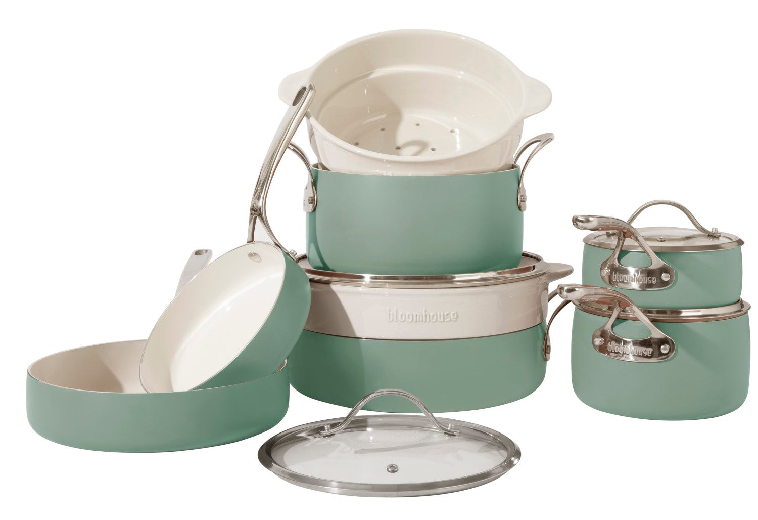 Bloomhouse 12 Piece Aluminum Enamel Cookware Set w/ Non-stick Non-toxic Ceramic Interior and Ceramic Steamer Insert