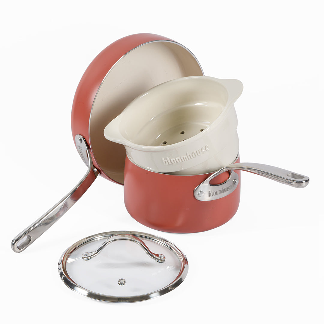 Bloomhouse 4-Piece Heavy-Gauge Aluminum Cookware Set w/Non-Stick Non-Toxic Ceramic Interior and Ceramic Steamer Insert