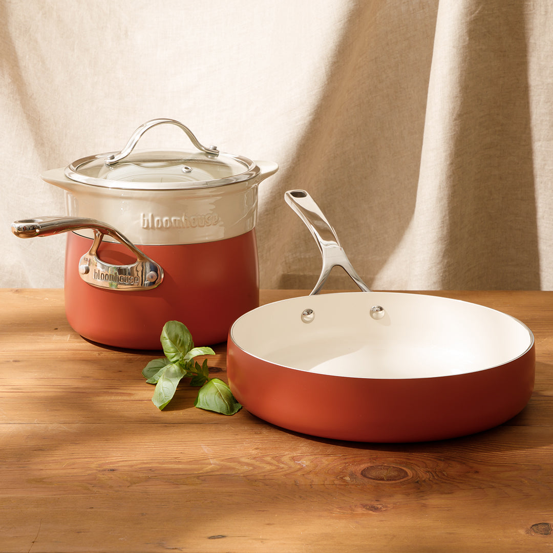 Bloomhouse 4-Piece Heavy-Gauge Aluminum Cookware Set w/Non-Stick Non-Toxic Ceramic Interior and Ceramic Steamer Insert
