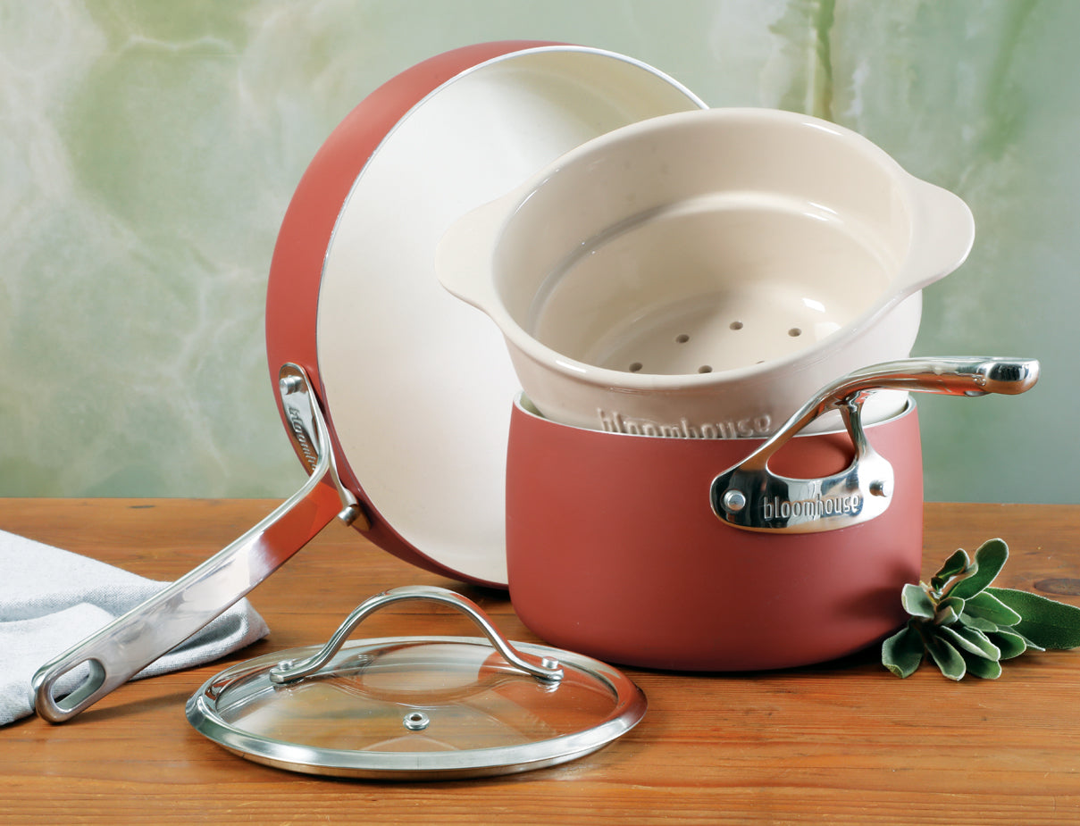 Bloomhouse 4-Piece Heavy-Gauge Aluminum Cookware Set w/Non-Stick Non-Toxic Ceramic Interior and Ceramic Steamer Insert