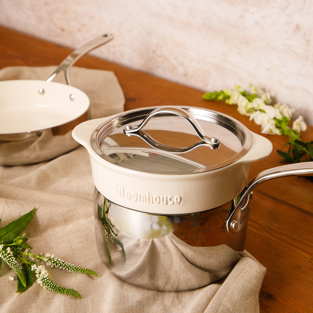 Bloomhouse 4-Piece Triply Stainless Steel Cookware Set w/ Non-Stick Non-Toxic Ceramic Interior and Ceramic Steamer Insert