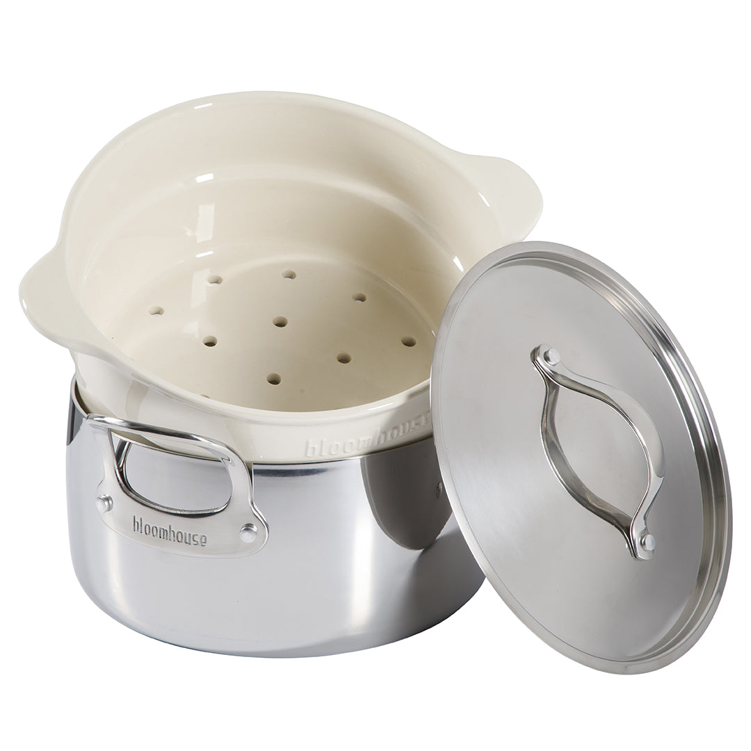 Bloomhouse 6-Quart Triply Stainless Steel Dutch Oven w/ Non-Stick Non-Toxic Ceramic Interior and Ceramic Steamer Insert