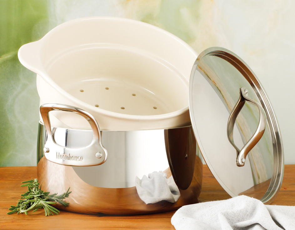 Bloomhouse 6-Quart Triply Stainless Steel Dutch Oven w/ Non-Stick Non-Toxic Ceramic Interior and Ceramic Steamer Insert