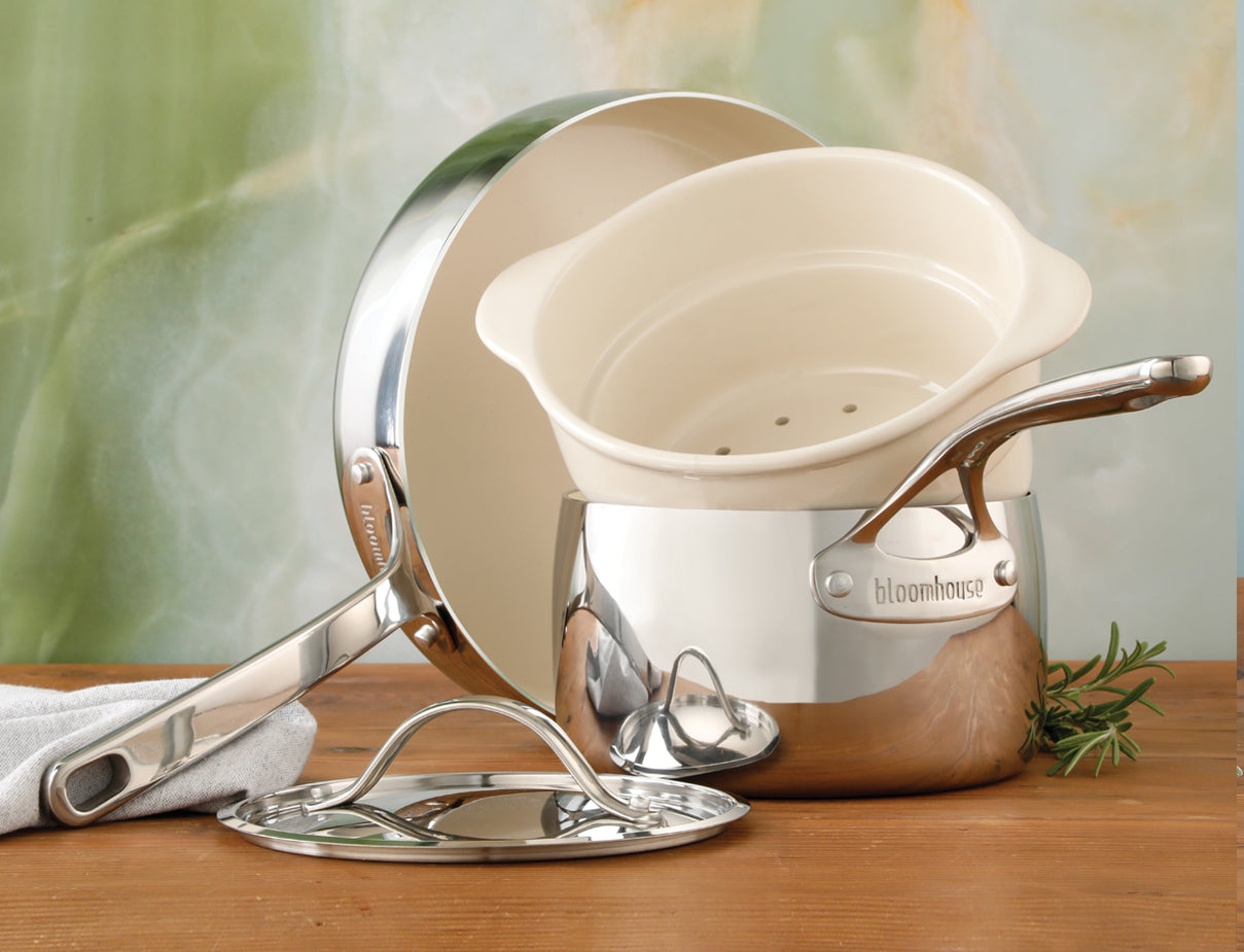 Bloomhouse 4-Piece Triply Stainless Steel Cookware Set w/ Non-Stick Non-Toxic Ceramic Interior and Ceramic Steamer Insert
