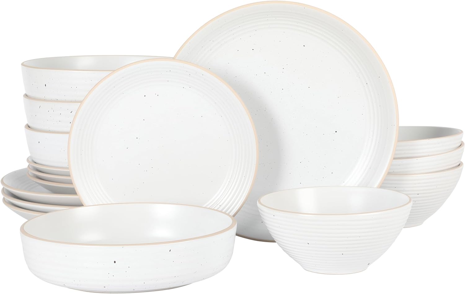 Gibson Home Dinah 16 Piece Double Bowl Stoneware Embossed Speckled Dinnerware Set - Matte Black, White, or Sage Green
