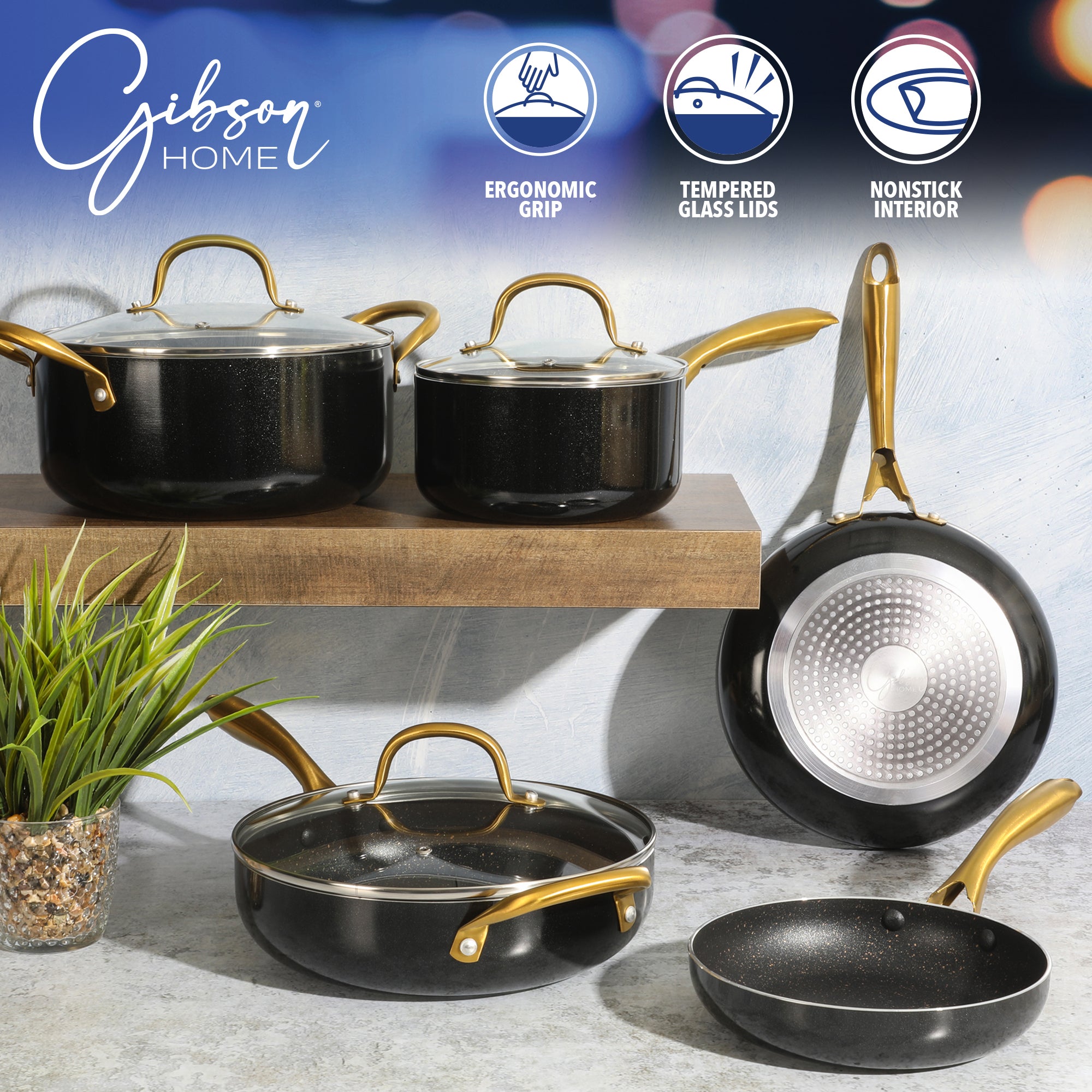 Gibson Home 12-Piece Heavy Gauge Nonstick Induction Aluminum Cookware Set w/ Felt Protector - Black w/ Gold Speckle Interior