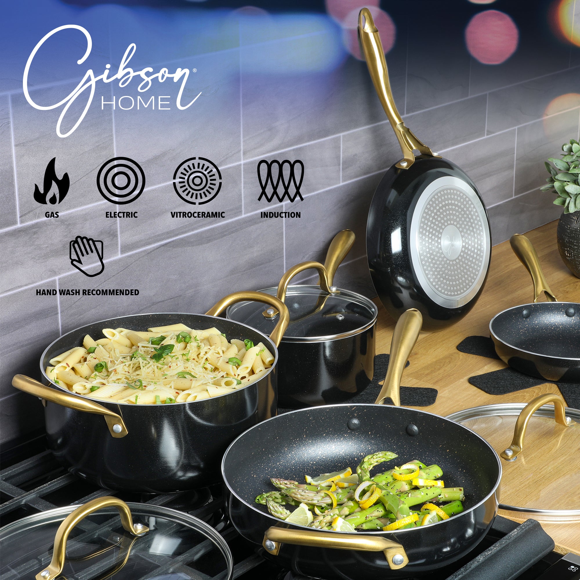 Gibson Home 12-Piece Heavy Gauge Nonstick Induction Aluminum Cookware Set w/ Felt Protector - Black w/ Gold Speckle Interior