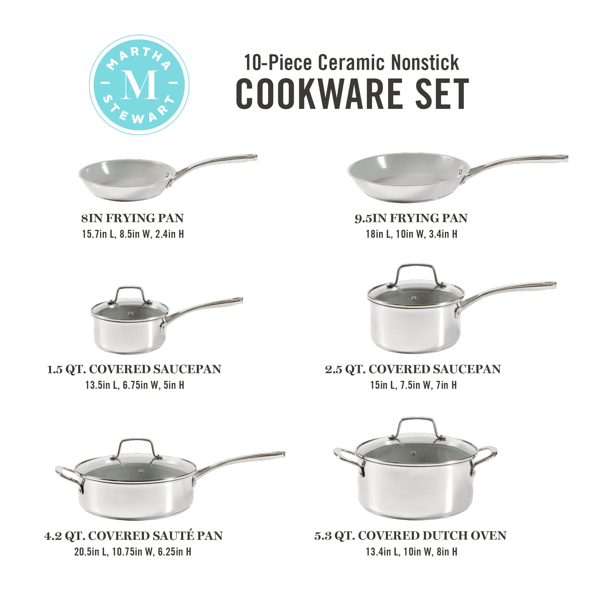 Martha Stewart Delaroux 10-Piece Stainless Steel Cookware Set w/ Ceramic Non-Stick Interior