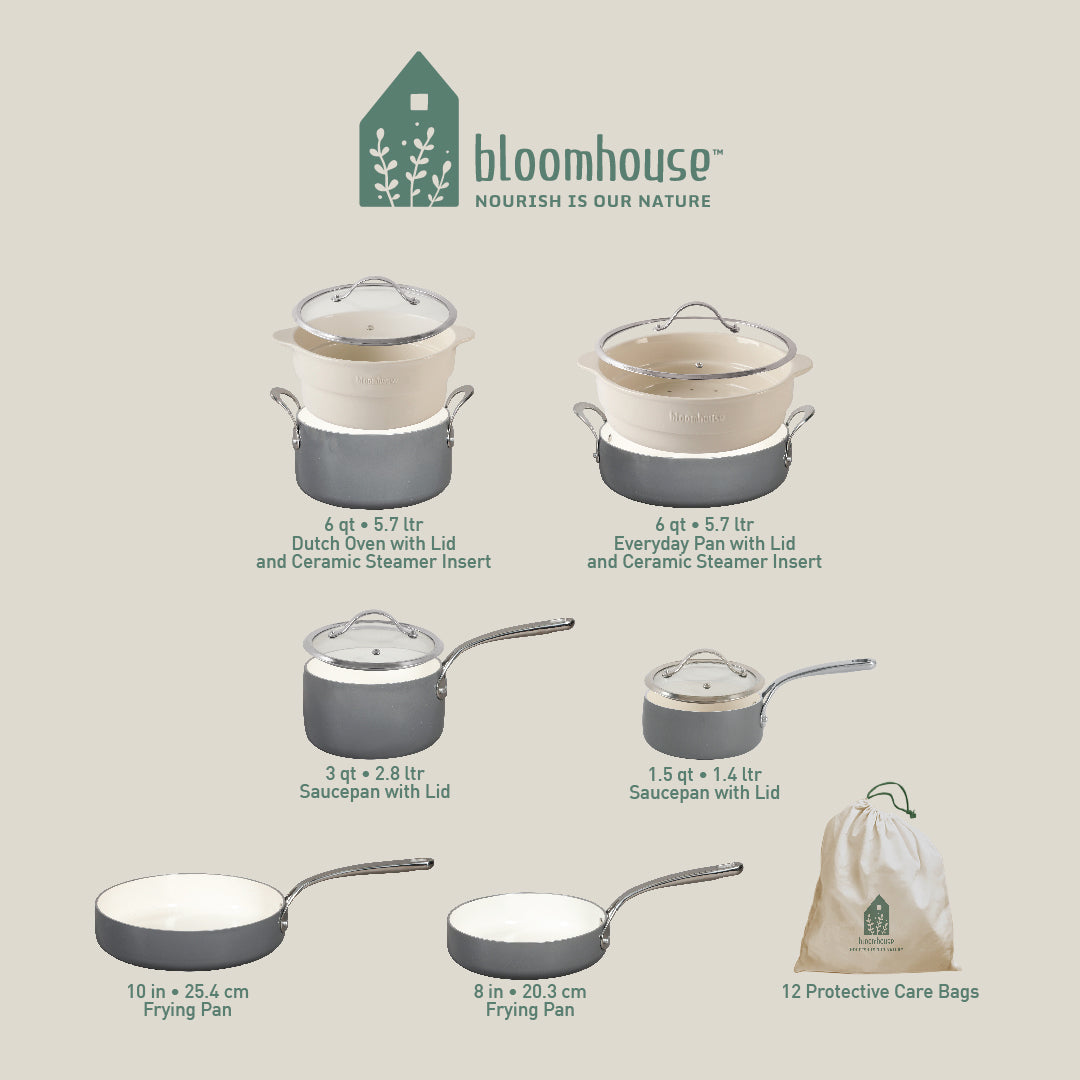 Bloomhouse 12 Piece Aluminum Enamel Cookware Set w/ Non-stick Non-toxic Ceramic Interior and Ceramic Steamer Insert - Stone Grey