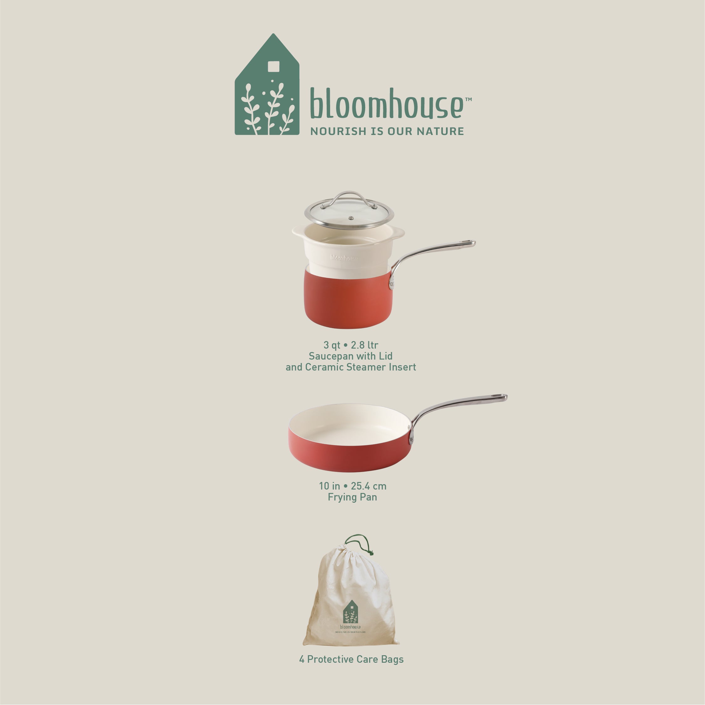 Bloomhouse 4-Piece Heavy-Gauge Aluminum Cookware Set w/Non-Stick Non-Toxic Ceramic Interior and Ceramic Steamer Insert