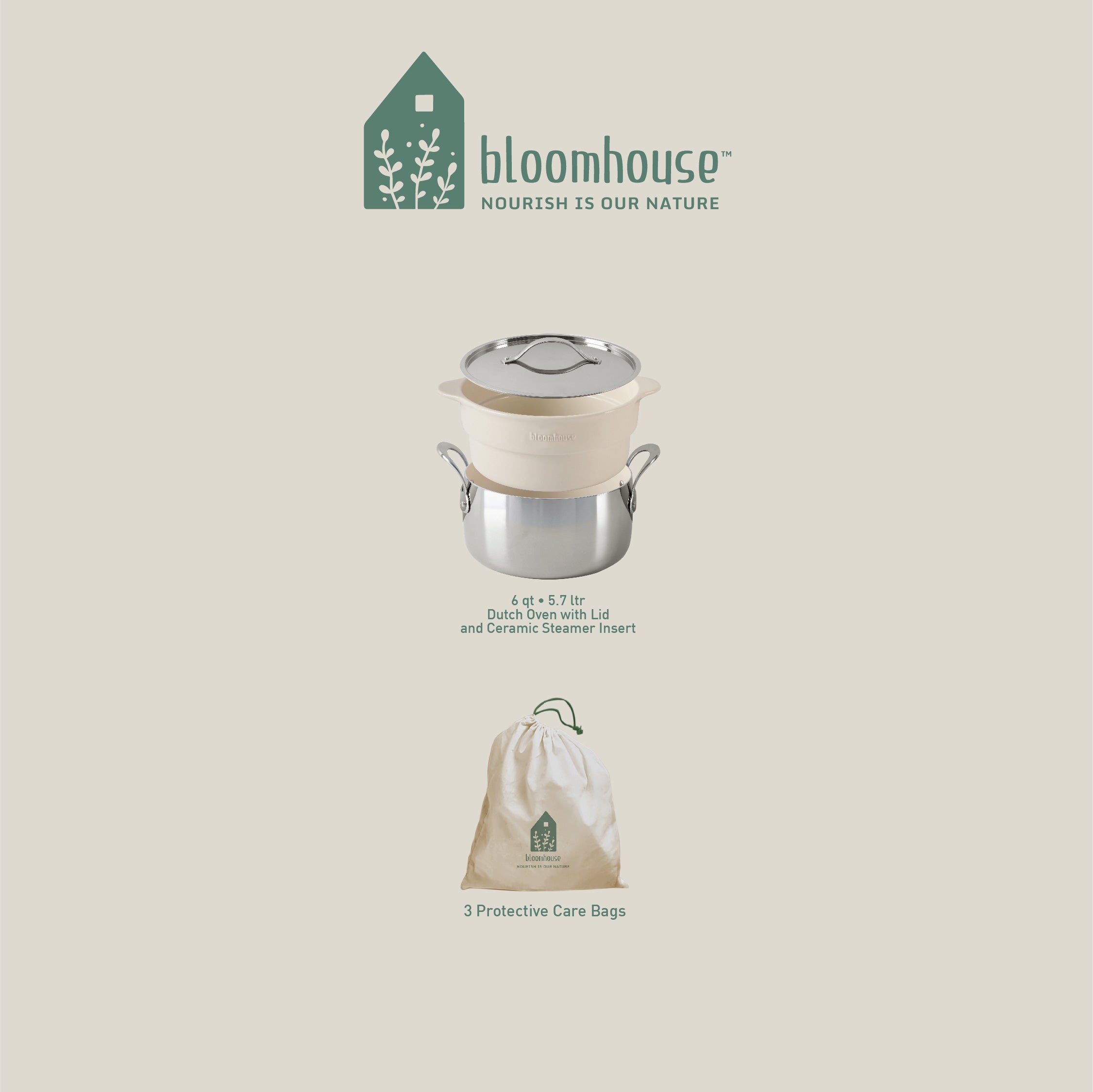 Bloomhouse 6-Quart Triply Stainless Steel Dutch Oven w/ Non-Stick Non-Toxic Ceramic Interior and Ceramic Steamer Insert