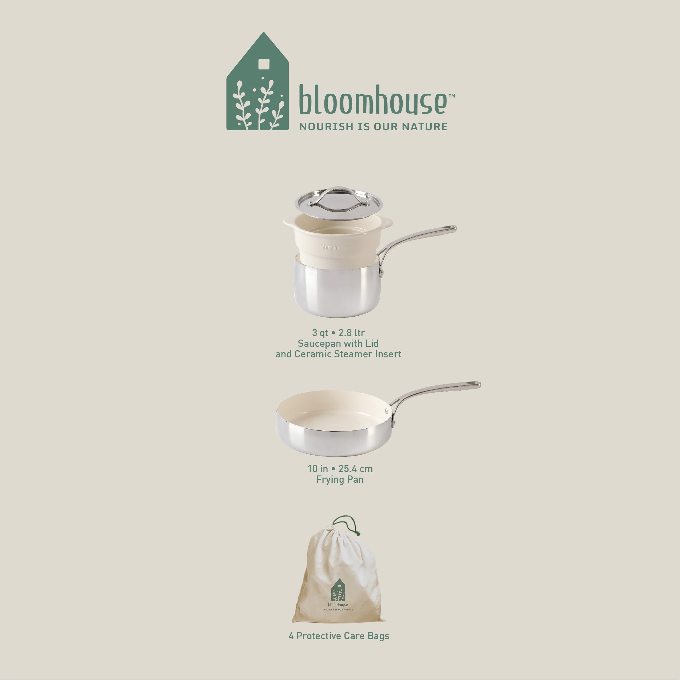 Bloomhouse 4-Piece Triply Stainless Steel Cookware Set w/ Non-Stick Non-Toxic Ceramic Interior and Ceramic Steamer Insert