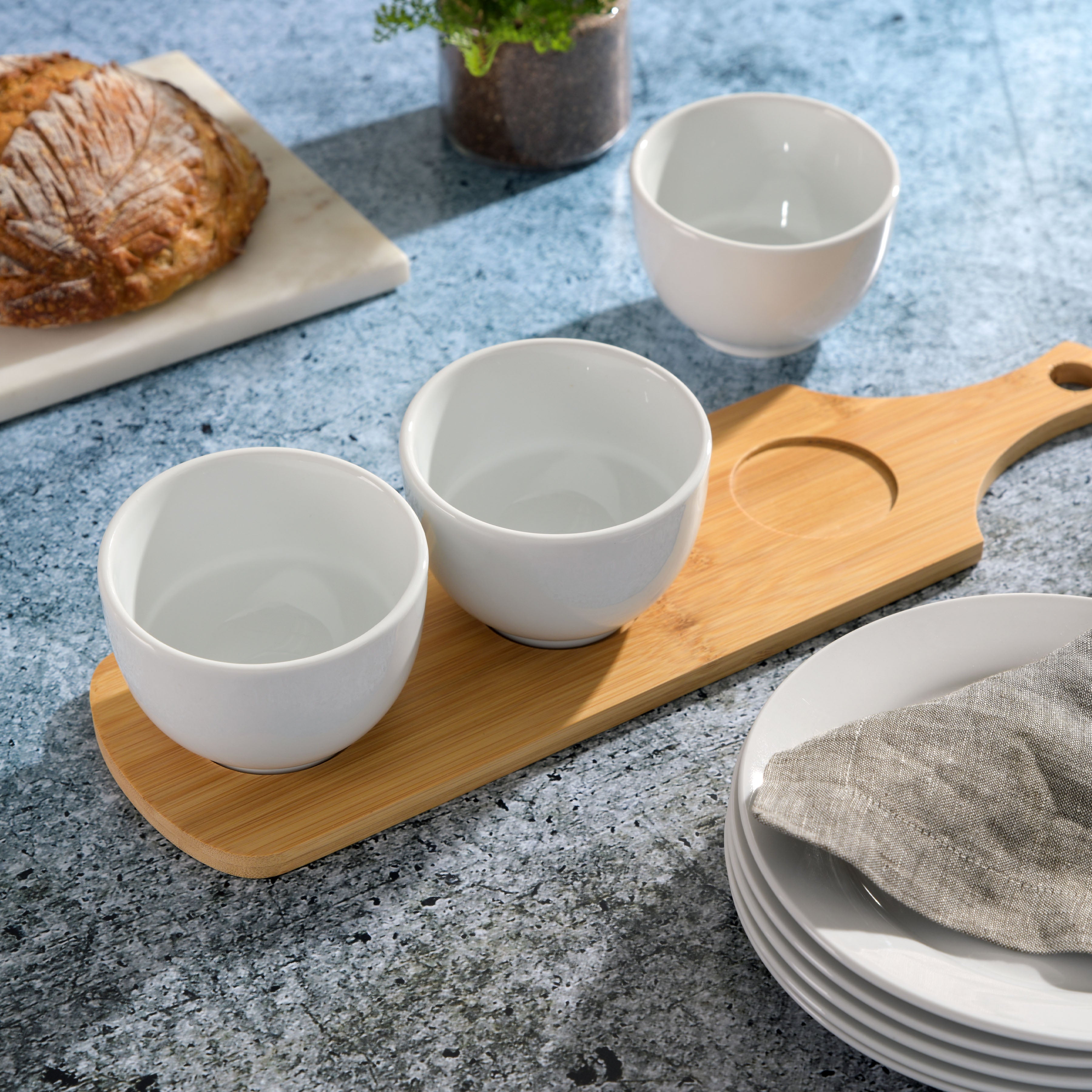 Gibson Home Gracious Dining 3-Piece Tidbit Bowl Set with Bamboo Tray