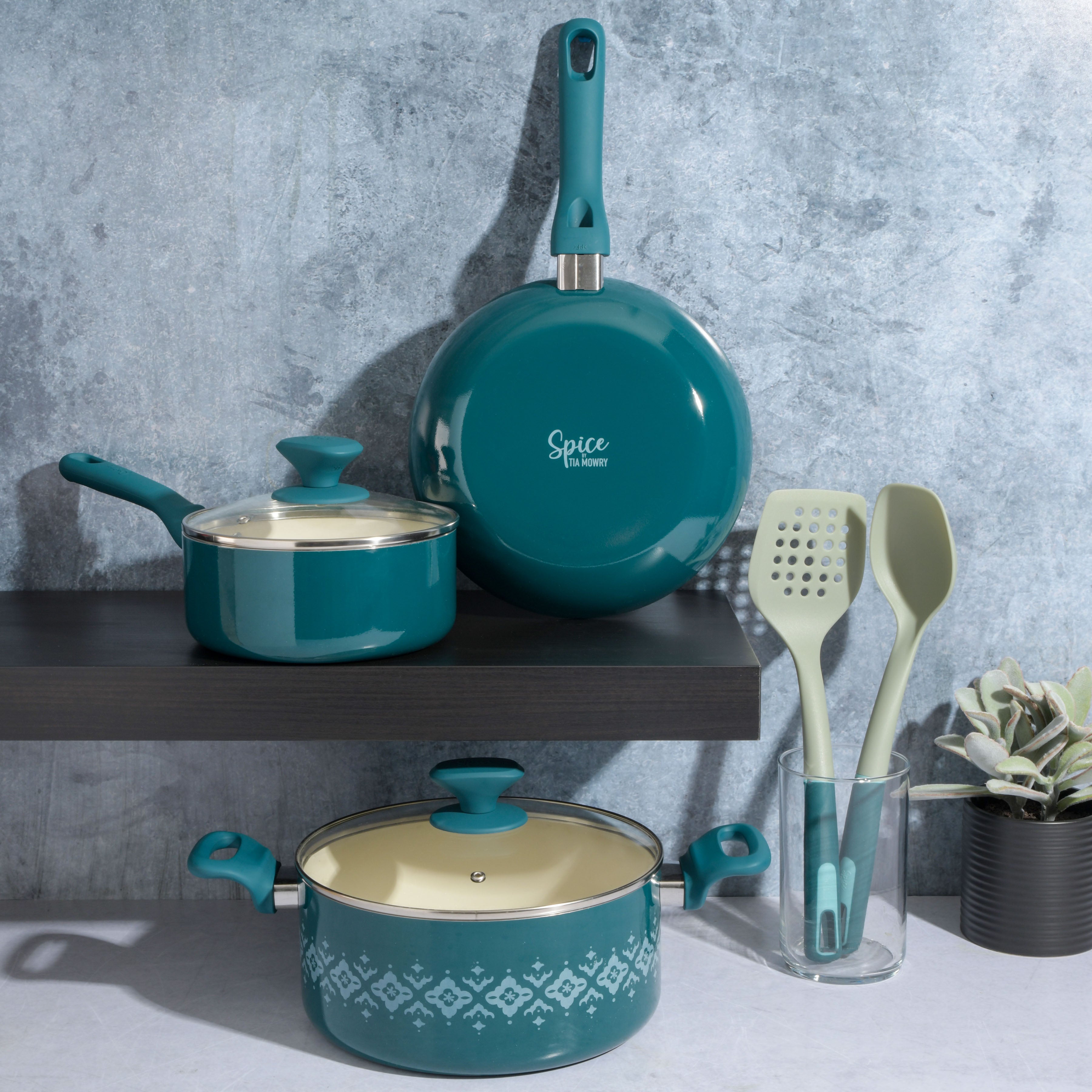 Spice by Tia Mowry Savory Saffron 7-Piece Aluminum Cookware Set w/ Healthy Non-Stick Ceramic Interior