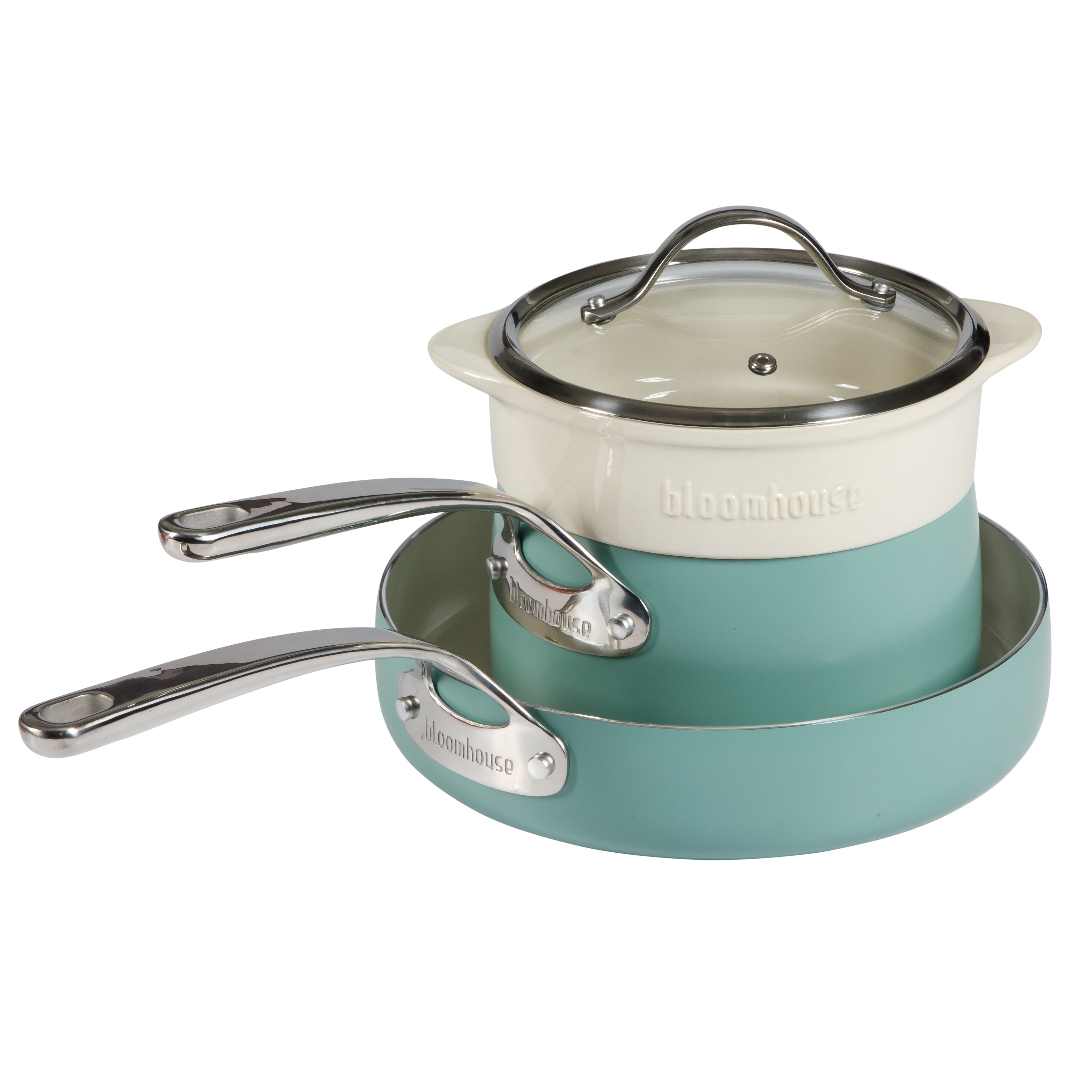 Bloomhouse 4-Piece Heavy-Gauge Aluminum Cookware Set w/Non-Stick Non-Toxic Ceramic Interior and Ceramic Steamer Insert