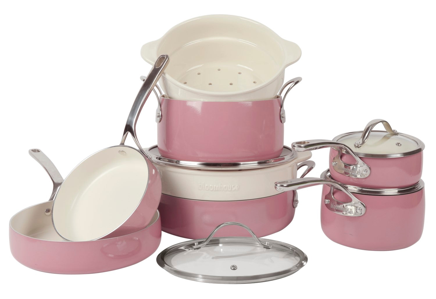 Bloomhouse 12 Piece Aluminum Enamel Cookware Set w/ Non-stick Non-toxic Ceramic Interior and Ceramic Steamer Insert