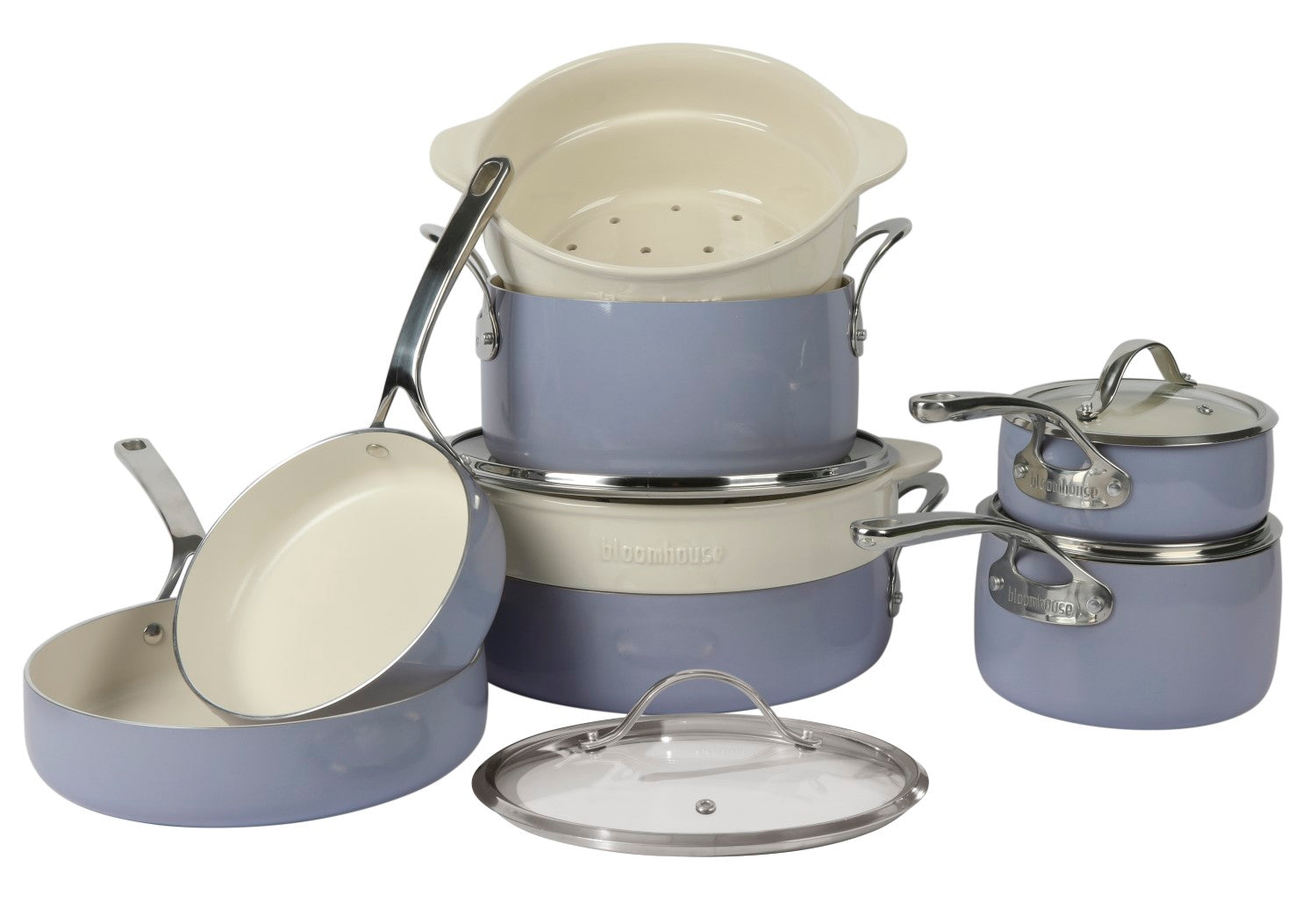Bloomhouse 12 Piece Aluminum Enamel Cookware Set w/ Non-stick Non-toxic Ceramic Interior and Ceramic Steamer Insert